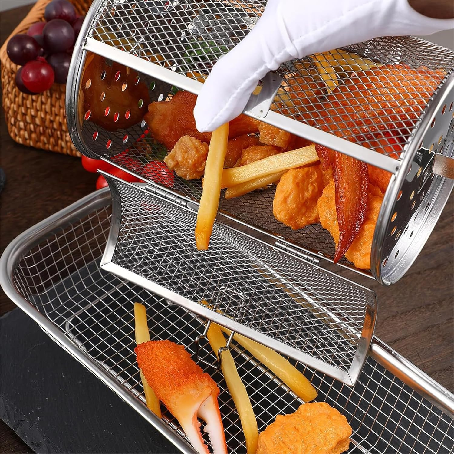 BBQ Grilled Cage 2 Pcs, Roast Baking Rotary Grill Roaster, BBQ Rolling Grill Basket, Bakeware Oven for Electric Oven Roast Peanut Dried Nut Coffee Beans, Grilling Accessories, Cleaning Brush image number 1