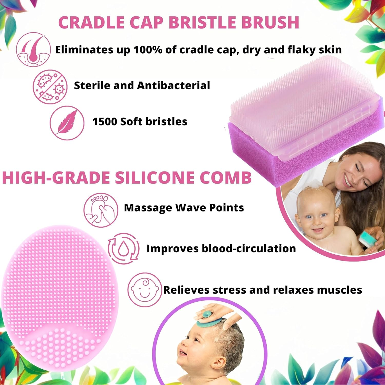 Cradle Cap Brush for Babies - Baby Sponge for Bathing Newborn Bath Essentials | Cradle Cap Treatment - Baby Brush and Comb Set Newborn | Baby Bath Sponges for Newborns (5-Pack Pink) image number 6