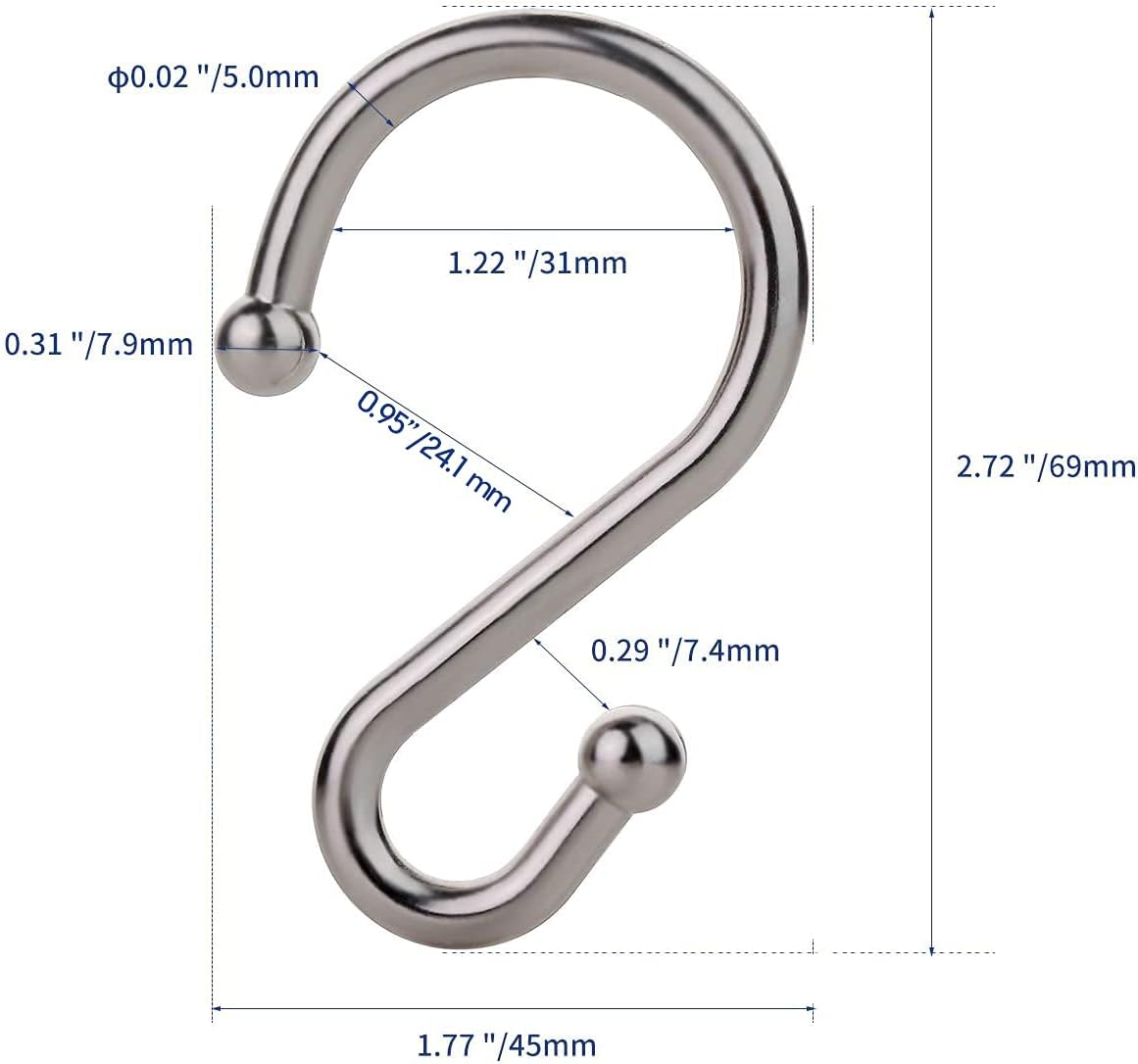 24PCS Metal Shower Curtain Hooks，Rust Resistant S Shaped Hooks Hangers for Shower Curtains, Kitchen Utensils, Clothing, Towels, Etc.(Nickel) image number 6