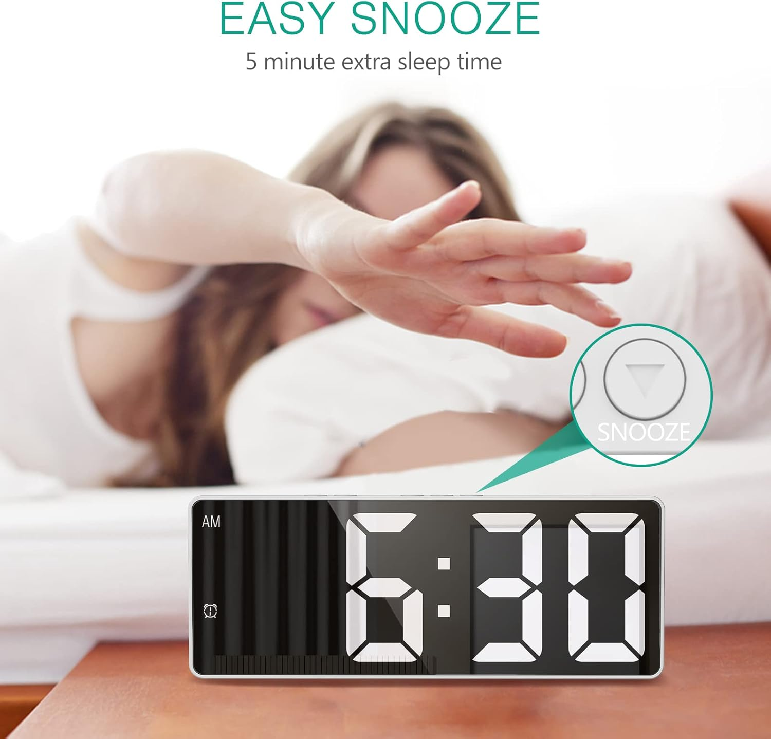 ORIA Digital Alarm Clock, LED Alarm Clock with Large Display, Desk Clock with Temperature, Dual Alarm, Snooze, Sound Control Function, USB Charging Bedside Clock for Bedroom, Office -White image number 6