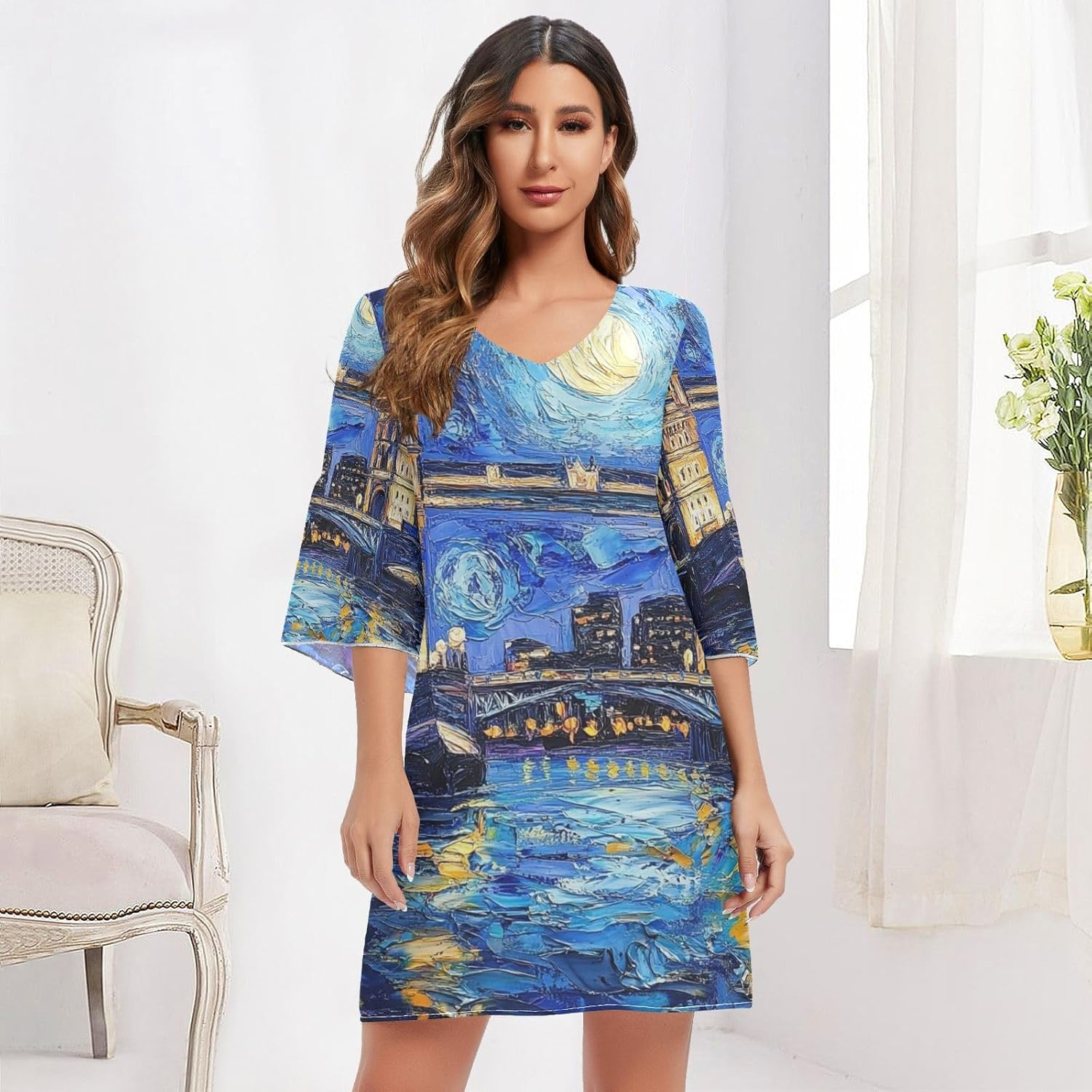Oil Painting of Tower Bridge Chiffon Dress Printed Chiffon Line Maternity Dress image number 1