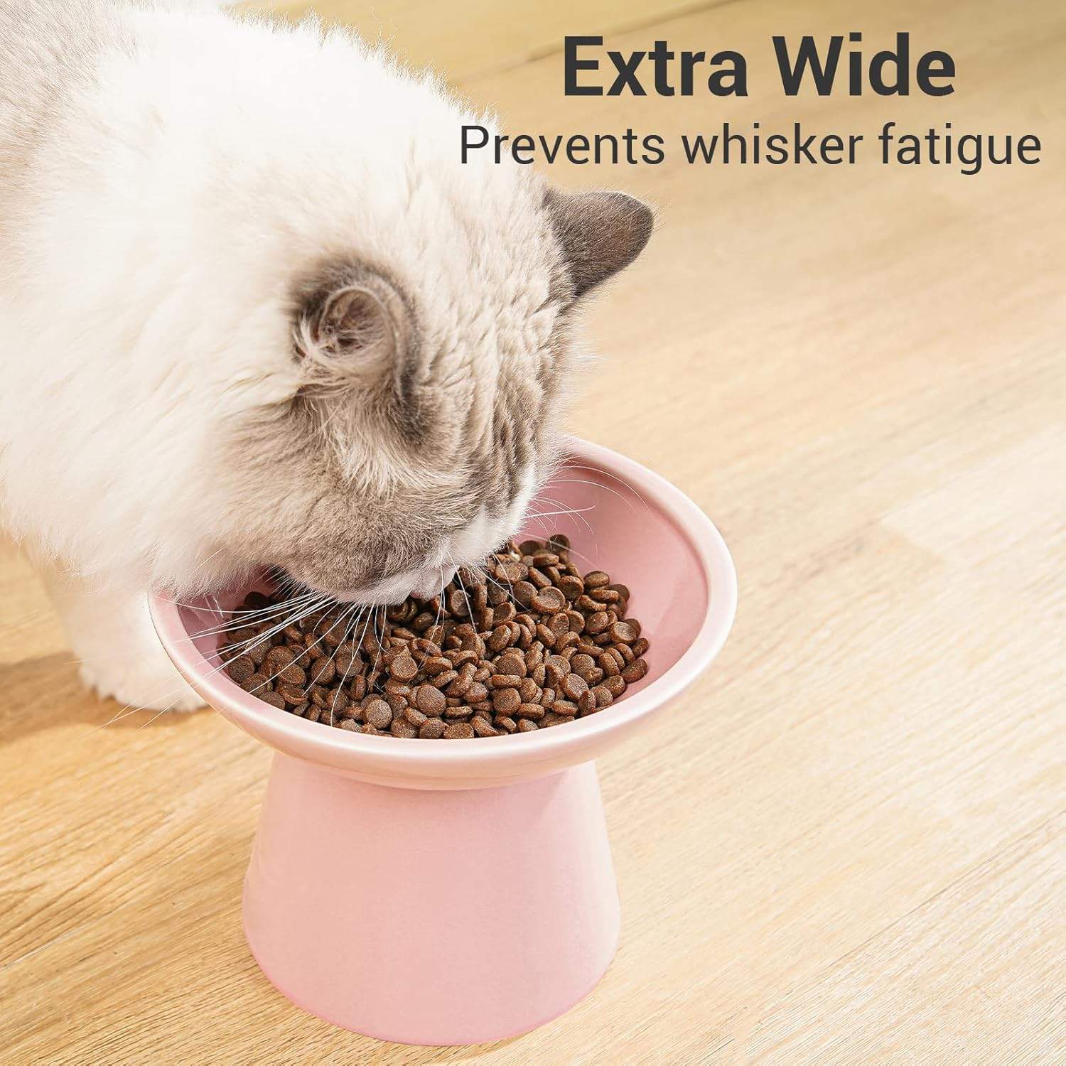 Extra Wide Elevated Cat Bowls - Ceramic Food Bowl 6.2" Raised, Shallow Dish for Whisker Fatigue, Lead & Cadmium Free, 5" Good Height for Feeding - Pink image number 1