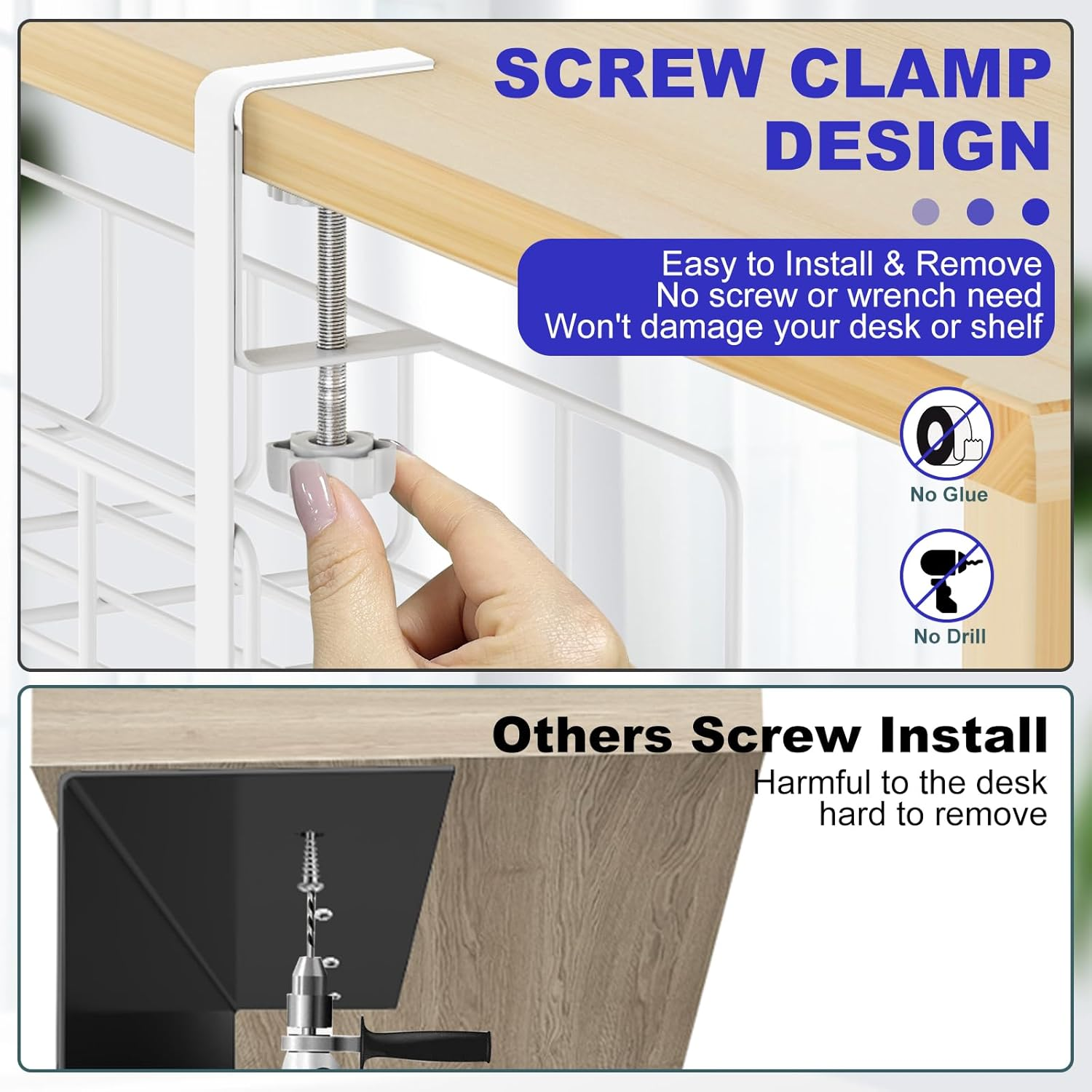 REFLYING Cable Management under Desk Underdesk Cable Management Cable Basket for Managing Cables and Power Strips, White, Set of 2 image number 3