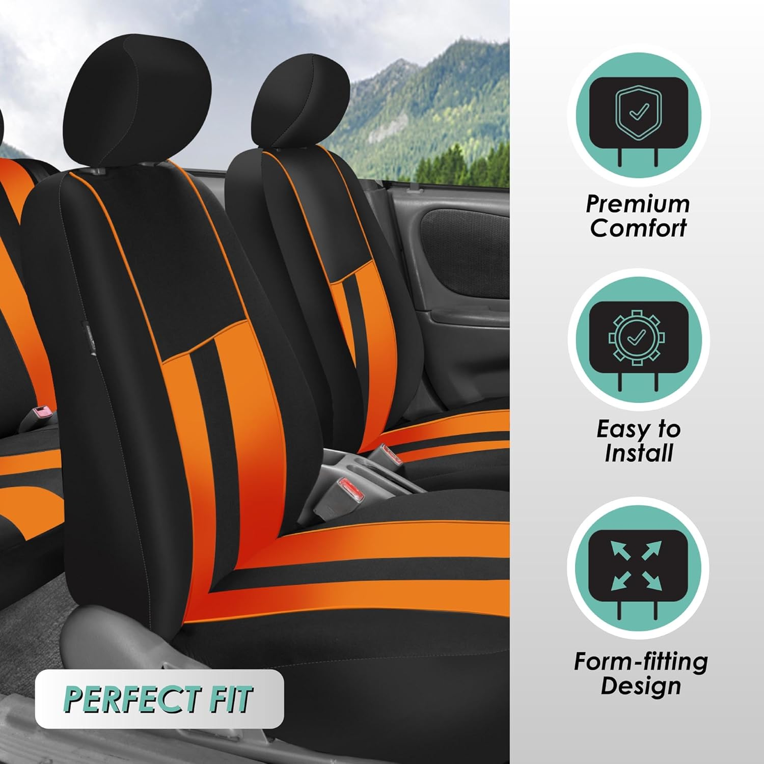 FH Group Car Seat Covers Full Set Cloth - Universal Fit, Automotive Seat Covers, Low Back Front Seat Covers, Airbag Compatible, Split Bench Rear Seat, Car Seat Cover for SUV, Sedan, Van Orange image number 3