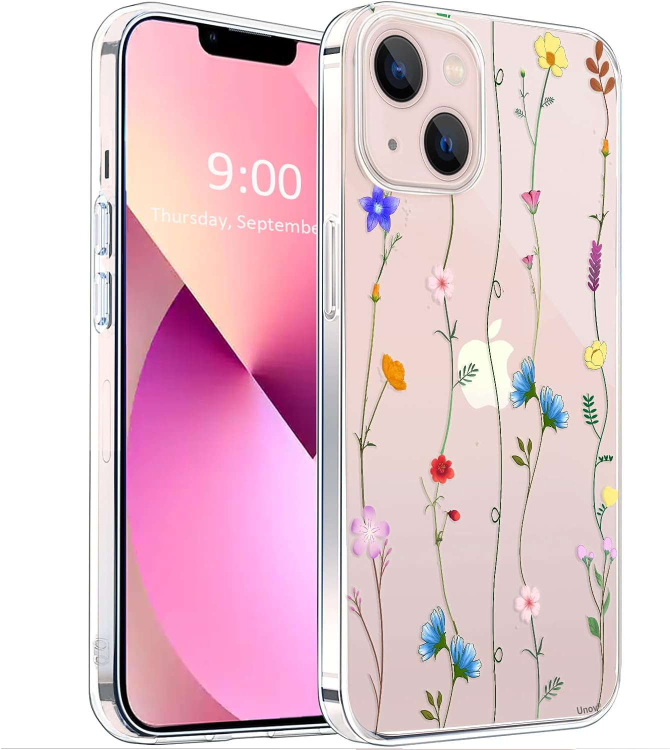 Unov Case Compatible with Iphone 13 Mini Case Clear with Design Embossed Pattern Soft TPU Bumper Slim Protective 5.4 Inch (Rainbow Dinosaur)