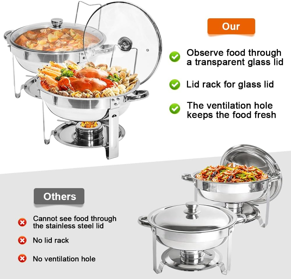 ALSTON 2 Pack round Chafing Dish Buffet Set 201 Stainless Steel 4.5L Food Pan with Glass Lid and Fuel Holder Complete Set for Restaurant Party Catering Wedding image number 5