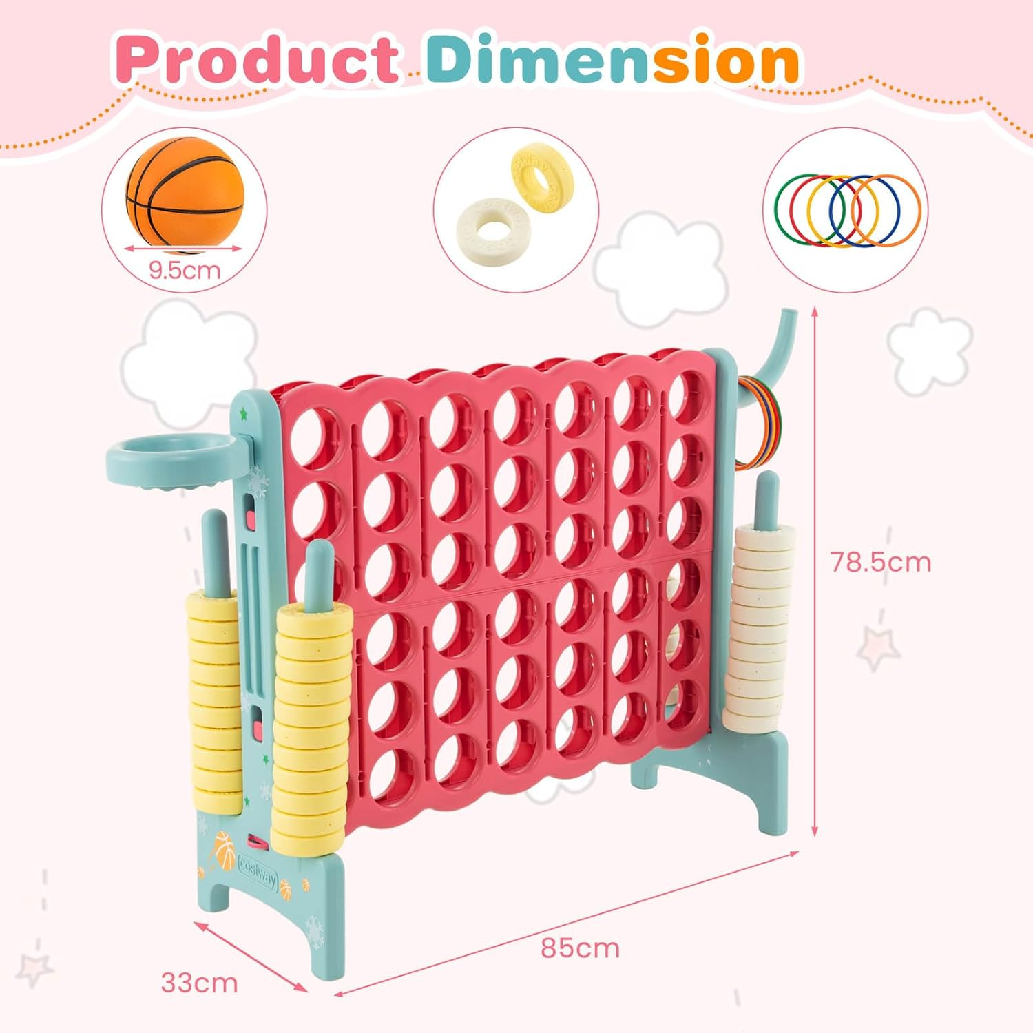 Costway Giant 4-In-A-Row Game, Oversized Jumbo 4-To-Score Game Set W/Quick-Release Lever, Upgraded Stickers for Kids & Adults, Connect Plastic Game W/42 Jumbo Rings for Indoor & Outdoor (Blue+Pink)