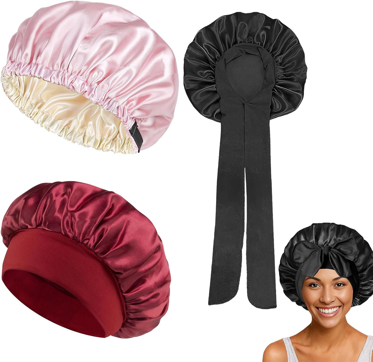 Silk Hair Bonnet, 3Pcs Bonnet, Satin Bonnet, Satin Hair Bonnet for Sleeping with Tie Band, Double Layer Satin Bonnets for Women Shower Cap, Suitable for Long, Straight, and Curly Hair image number 4
