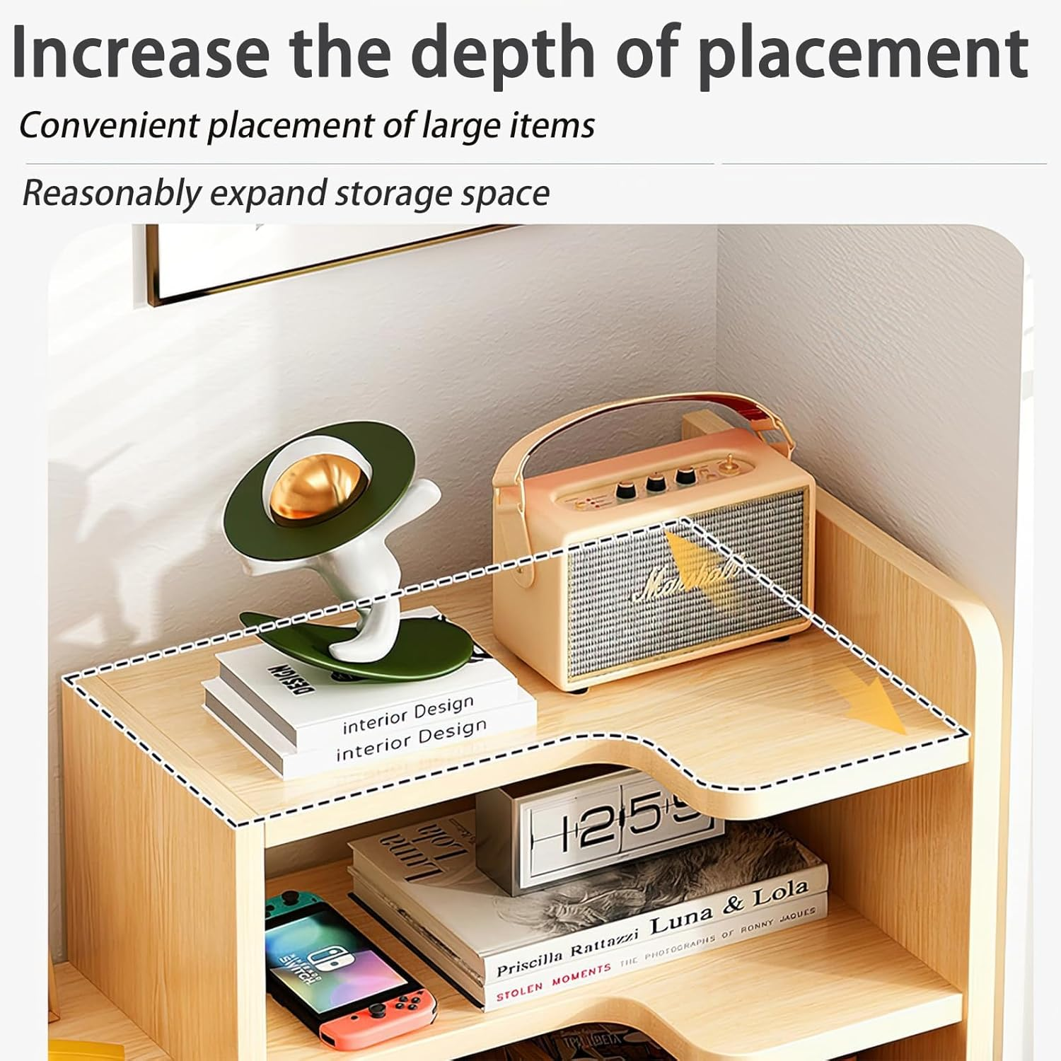 Joiena Desktop Bookshelf Desk Storage Organizer Adjustable Wood Bookcase Desktop Display Shelf Stand Rack with Cabinet Office Supplies (Wood, without Door) - With Door, Brown image number 2