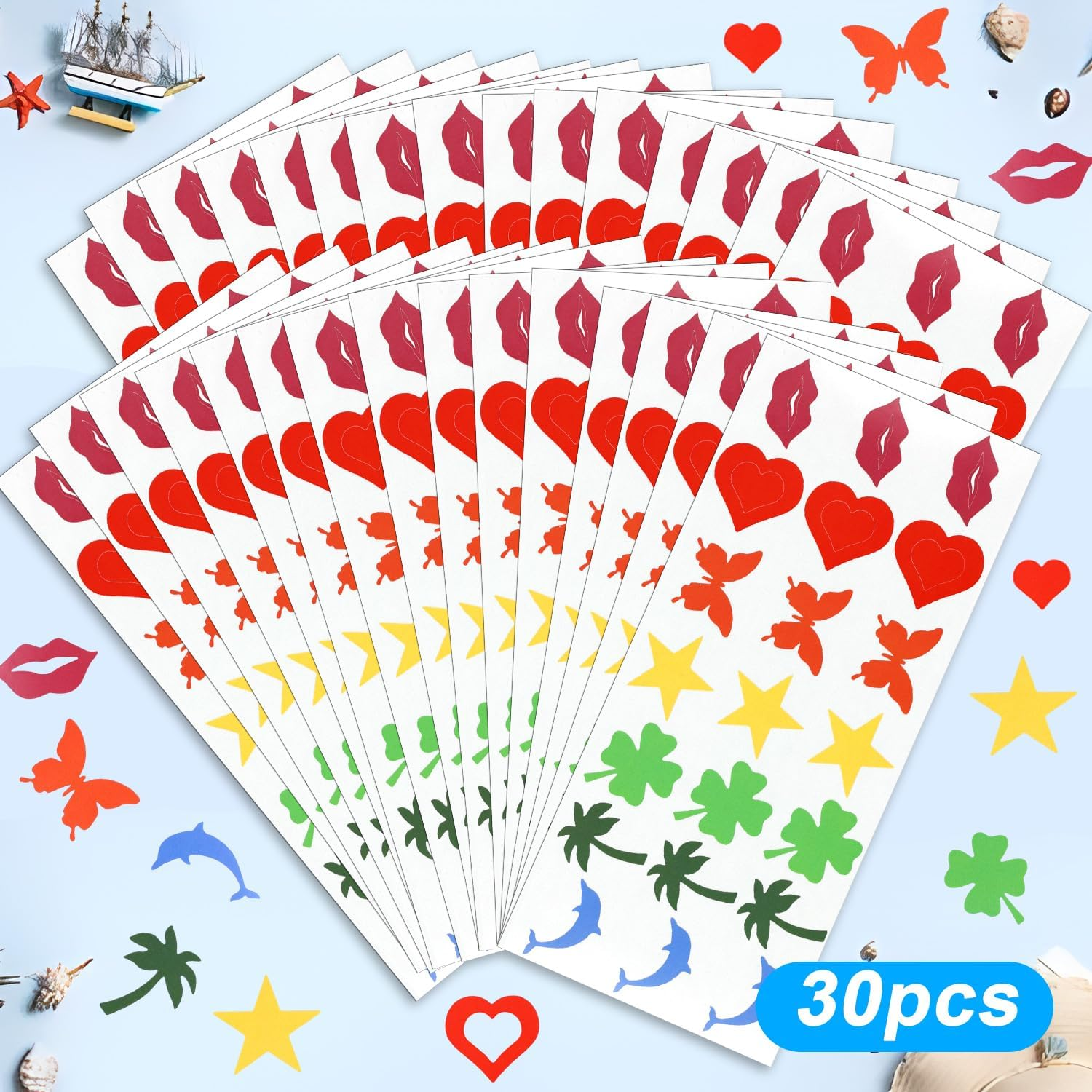 630 Pieces Solar Stickers, Cute Sunbath Sticker Self Adhesive Heart Star Lips Butterfly Coconut Dolphin Sunbed Sticker Removable Sunscreen Stickers for Summer Beach (7 Styles) image number 6