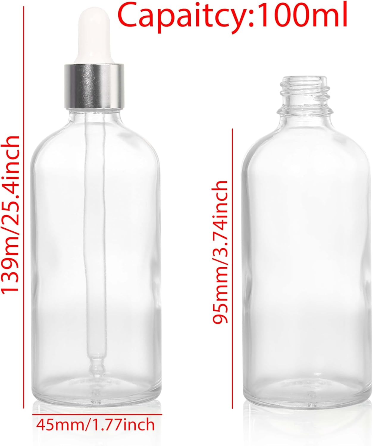 COSIDEA 3 Pcs Empty 3.33Oz / 100Ml Clear Glass Dropper Bottles Silver Droppers for Oils Essential Oil Bottle Travel Serum Containers