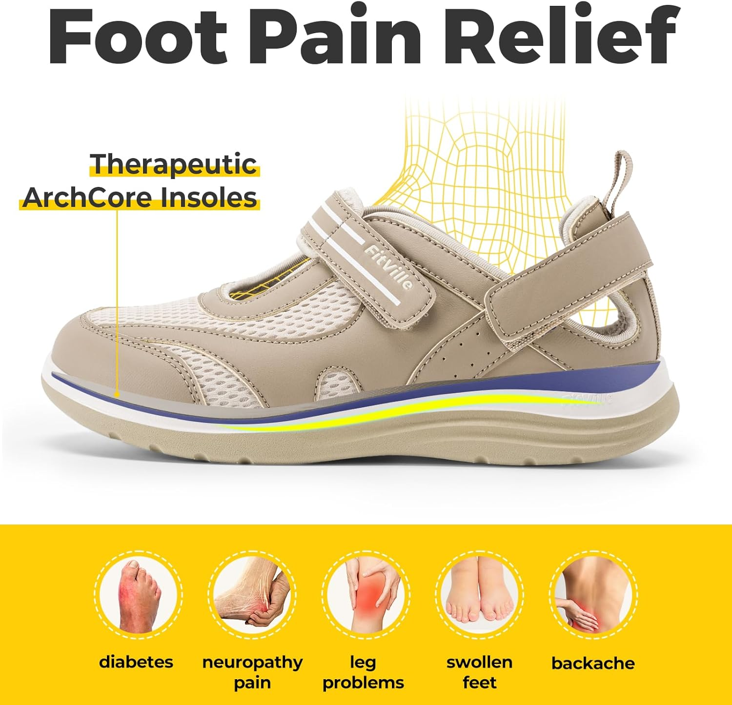 Fitville Women'S Diabetic Shoes Extra Wide Width Sandals, Ladies Adjustable Lightweight Mary Jane Flats Arch Support Orthopedic Shoes for Swollen Feet Plantar Fasciitis image number 3