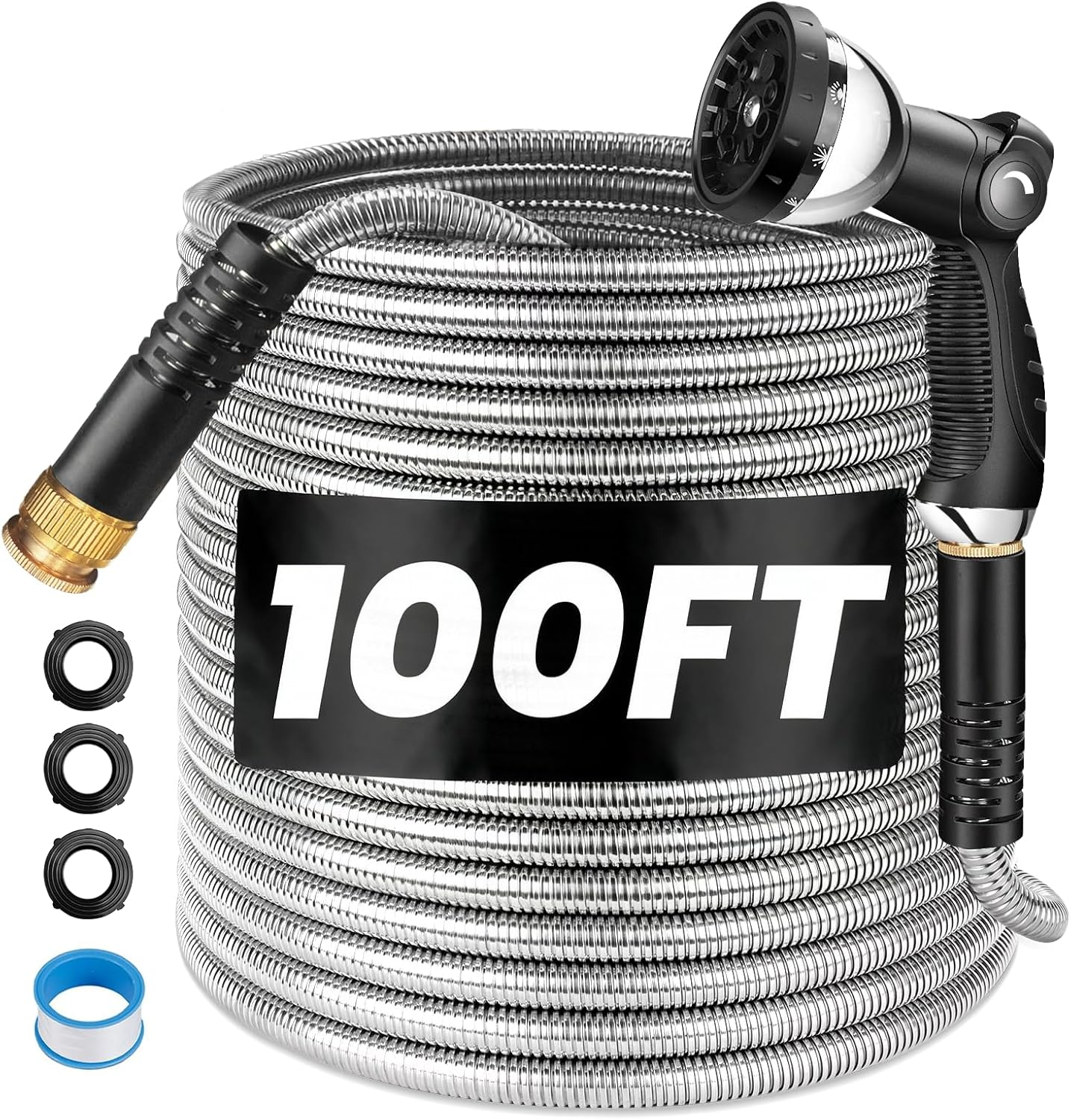 Garden Hose 100FT (30M) - Stainless Steel Water Hoses with 10 Function Spray Nozzle, Lightweight, Heavy Duty & Flexible with Removable Hose Connector for Car Wash, Outdoor, Yard, RV & Garden image number 5