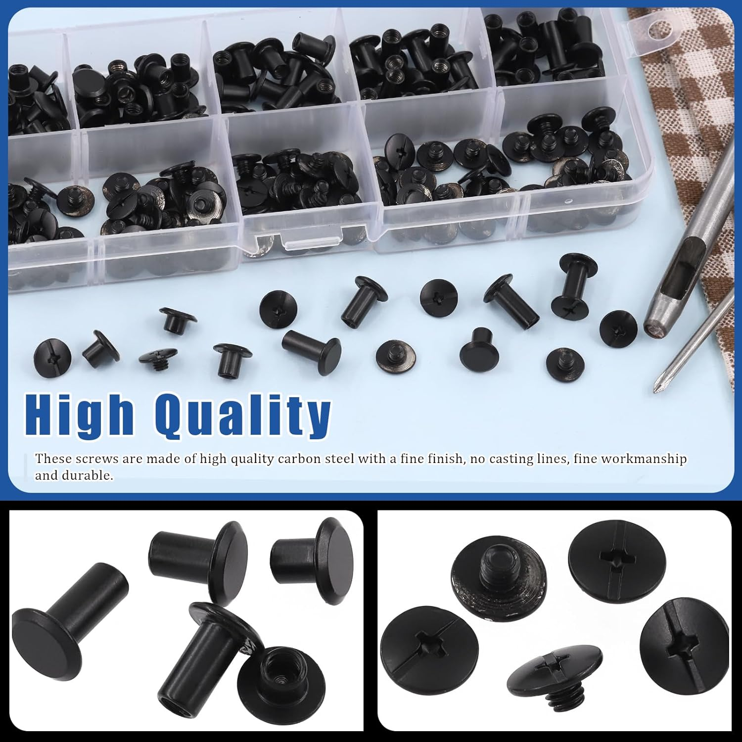 Glarks 110 Sets 6 Sizes Chicago Screws Leather Rivets with Punch and Screwdriver Kit, M5 X 4/5/6/8/10/12Mm Chicago Button Binding Post Screw Nail Rivets for DIY Leather Craft Bookbinding (Black) - Gold image number 2
