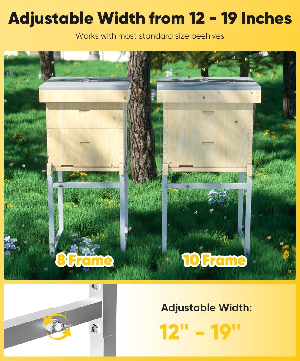 Adjustable Metal Bee Hive Stand with 120-Inches Strap for 8 & 10 Frame Beehives Box, 12 to 19 Inches Width Beehive Frame Holder, Heavy Duty Flow Hives Stands Base for Beekeeping, White - Black image number 3