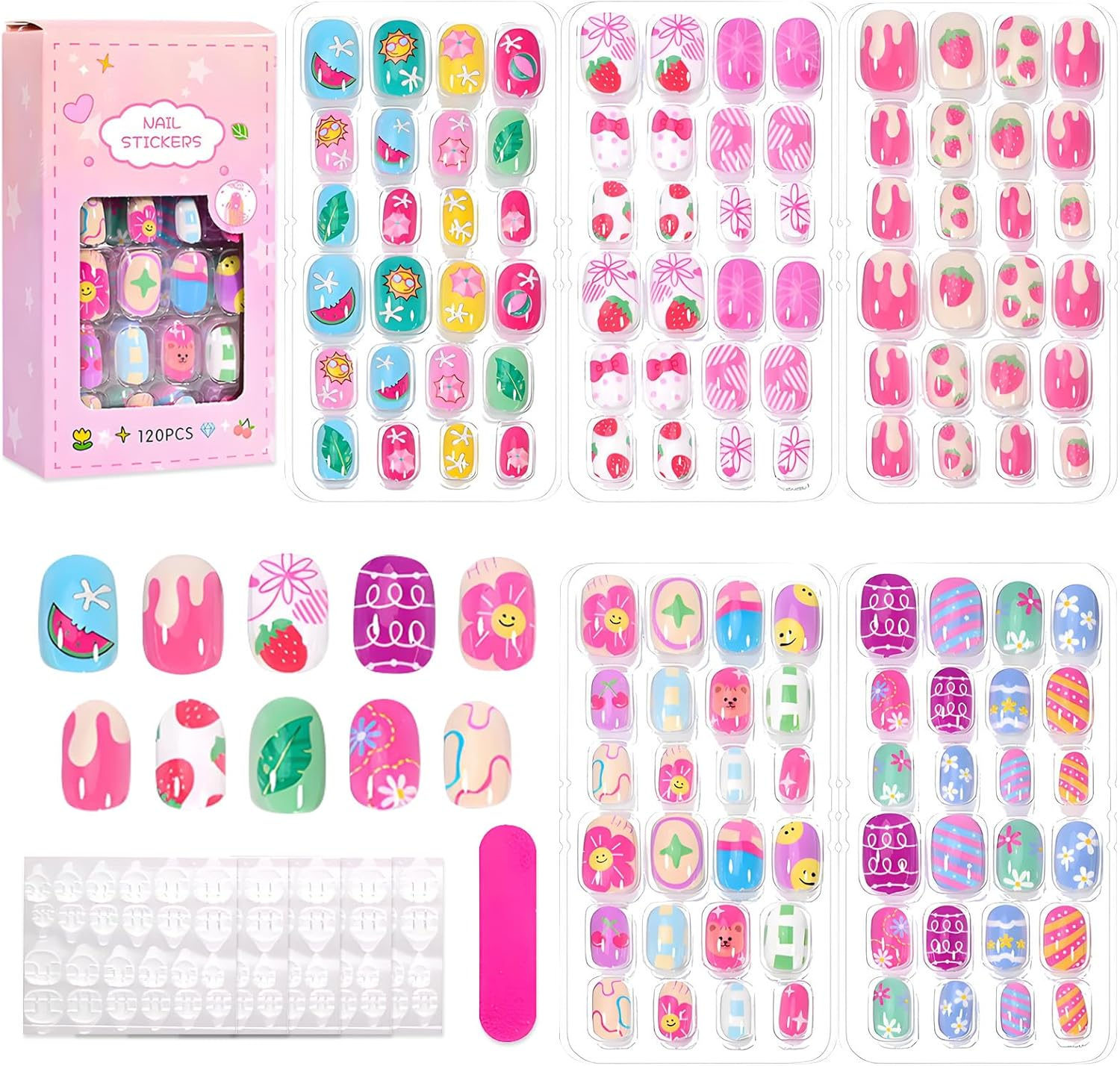 120Pcs Press on Nails for Girls, Full Cover Fake Nail Tips Kit Pre Glue Short Stick on Nails for Children Little Girls Nail Art Decoration (A Pattern)