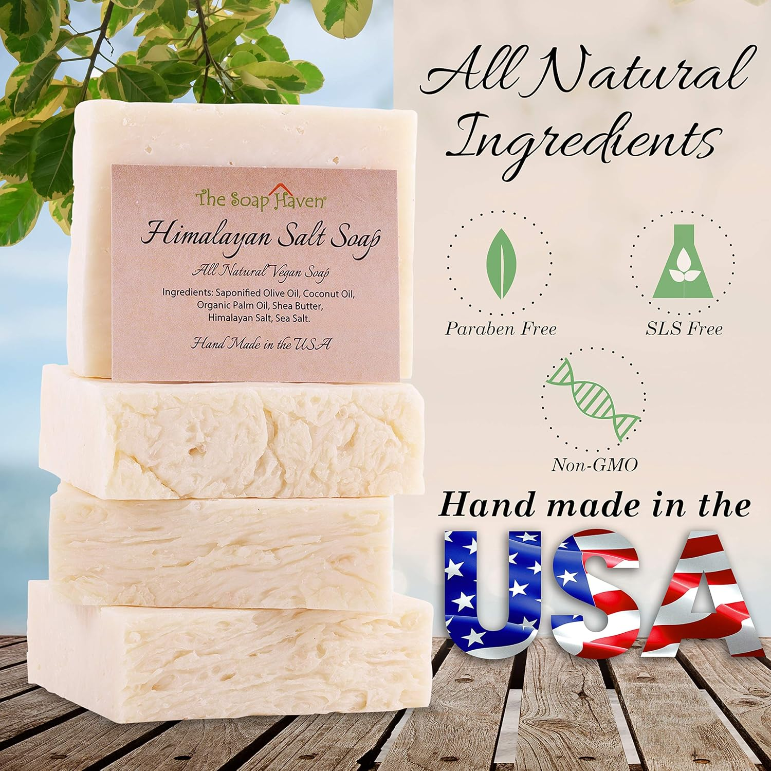 HIMALAYAN SALT SOAP BARS with Sea Salt & Shea Butter (4 Bars, 4.5Oz Each) - Handmade in USA with ALL NATURAL, NON-GMO, Unscented Ingredients. image number 3