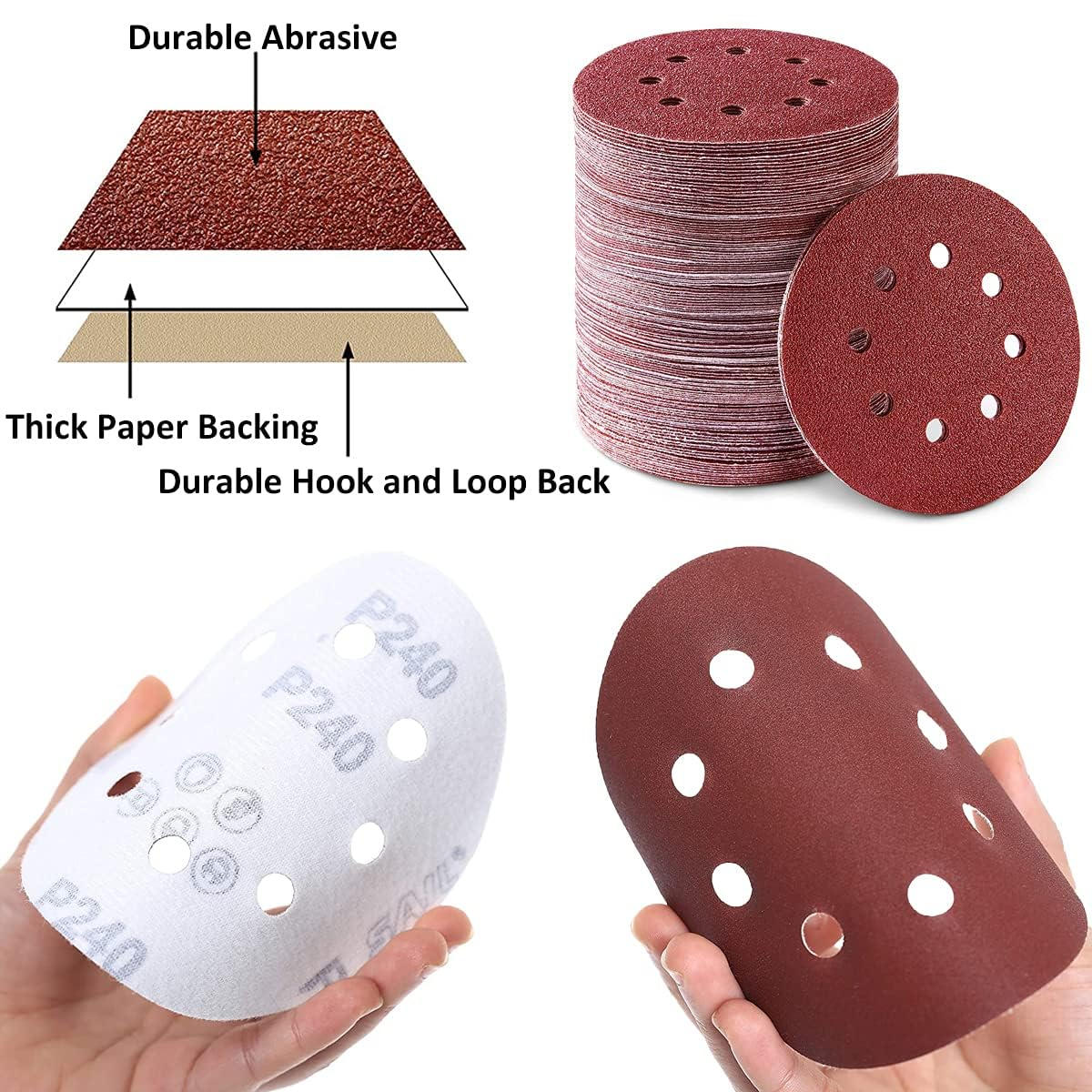 150Pcs Sandpaper Set, 5 Inch 8 Holes Sanding Discs 10 Different Grades Including 60 80 100 120 150 180 240 320 400 600 Grits for Random Orbital Sander image number 1