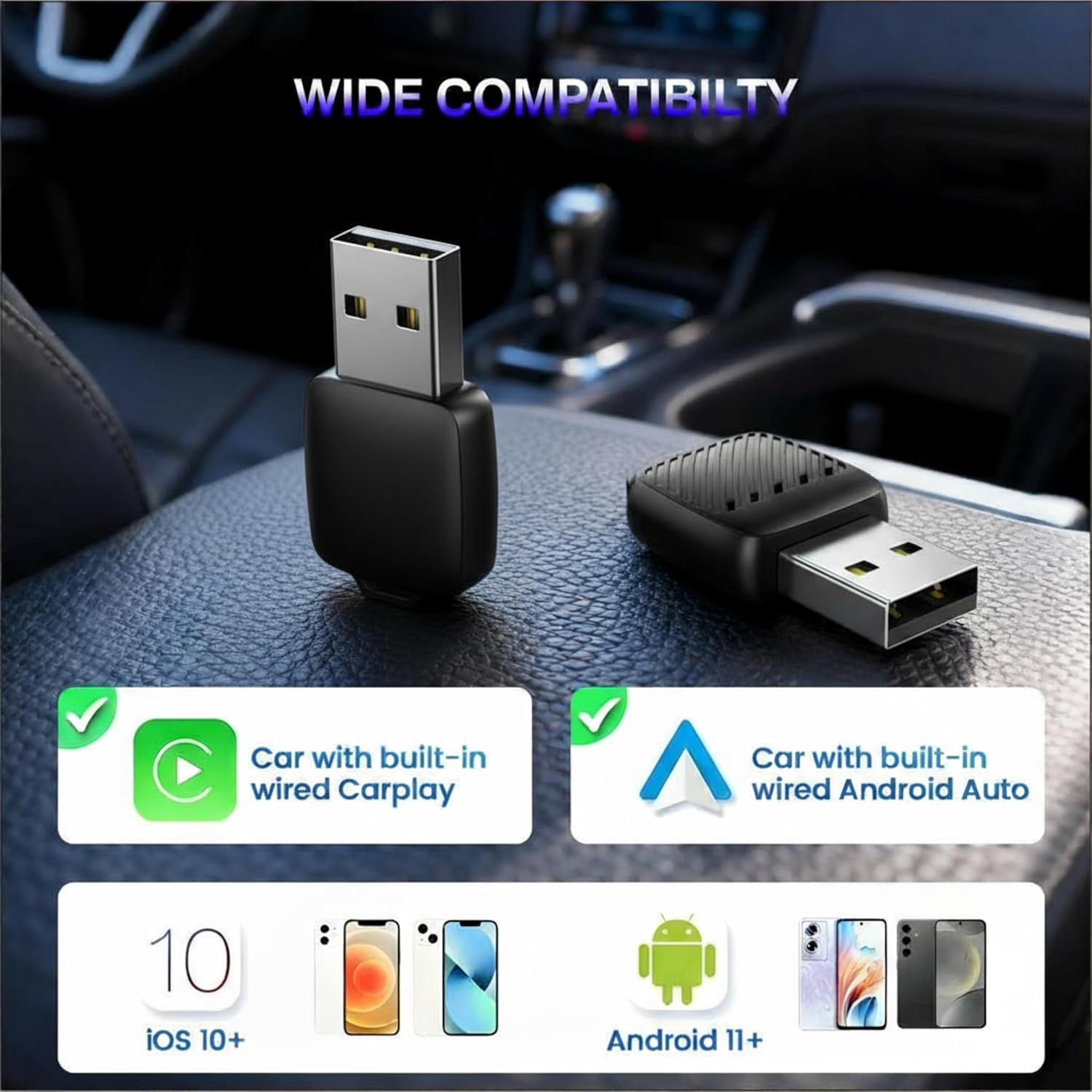 PIEKEDS Wireless Carplay Adapter, Android Auto & Carplay 2-In-1, Carplay Wireless Adapter for Ios 10 & Android 11+, 5.8Ghz Wi-Fi 6 & BT5.4, Plug & Play, Car Play Wireless Adapter image number 3