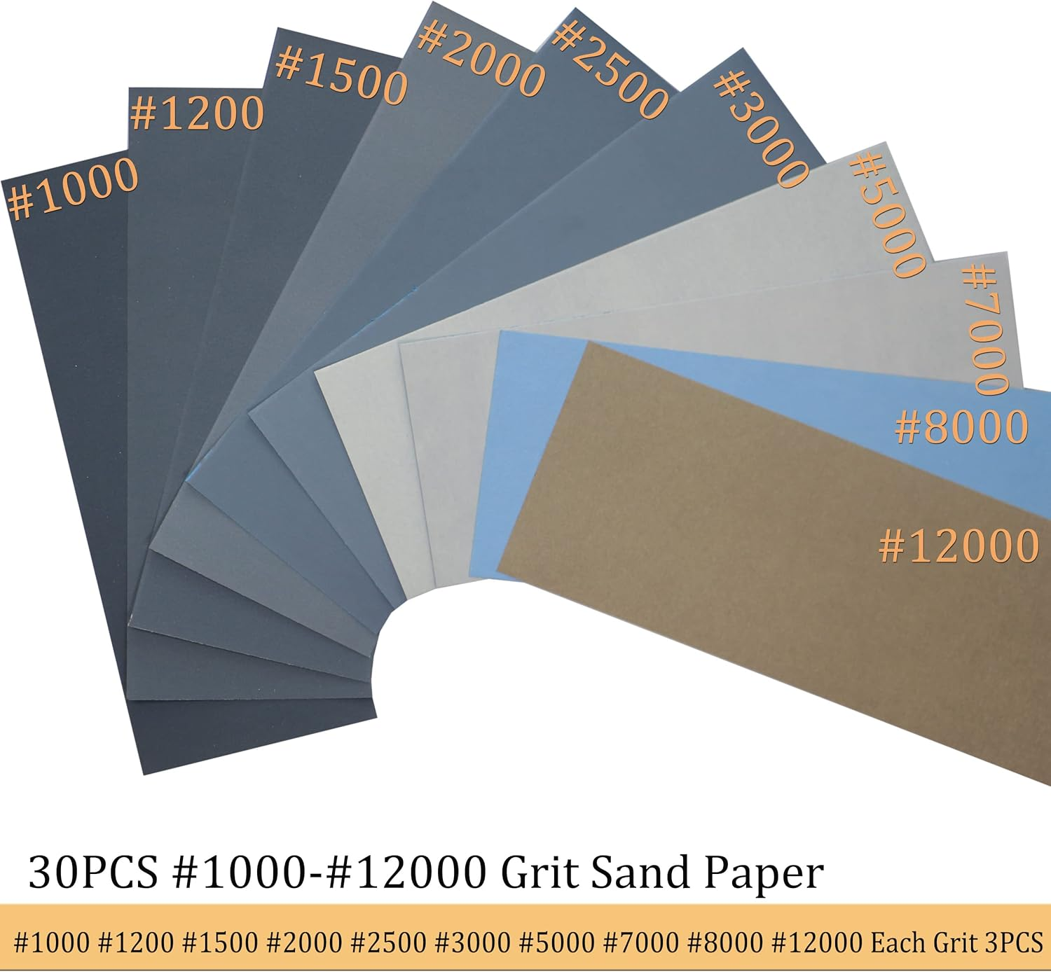 9 X 3.6 Inch 30 PCS #1000-#12000 Wet Dry Sanding Sheet Paper 1000/1200/1500/2000/2500/3000/5000/7000/8000/12000 Grit Each 3PCS for Sanding Polishing (30 PCS #1000-#12000 Grit) image number 6