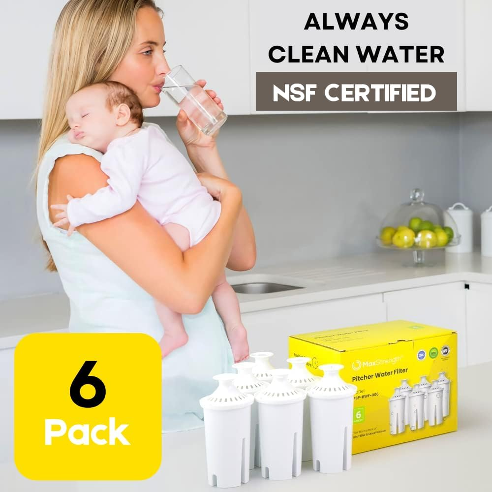 Max Strength Pro Water Filter Replacement for Brita&reg; Pitchers & Dispensers, Classic OB03, Mavea&reg; 107007, 35557 & More, NSF Certified Water Pitcher Filter, 1 Year Supply, Fits Brita & Mavea, 6 Count