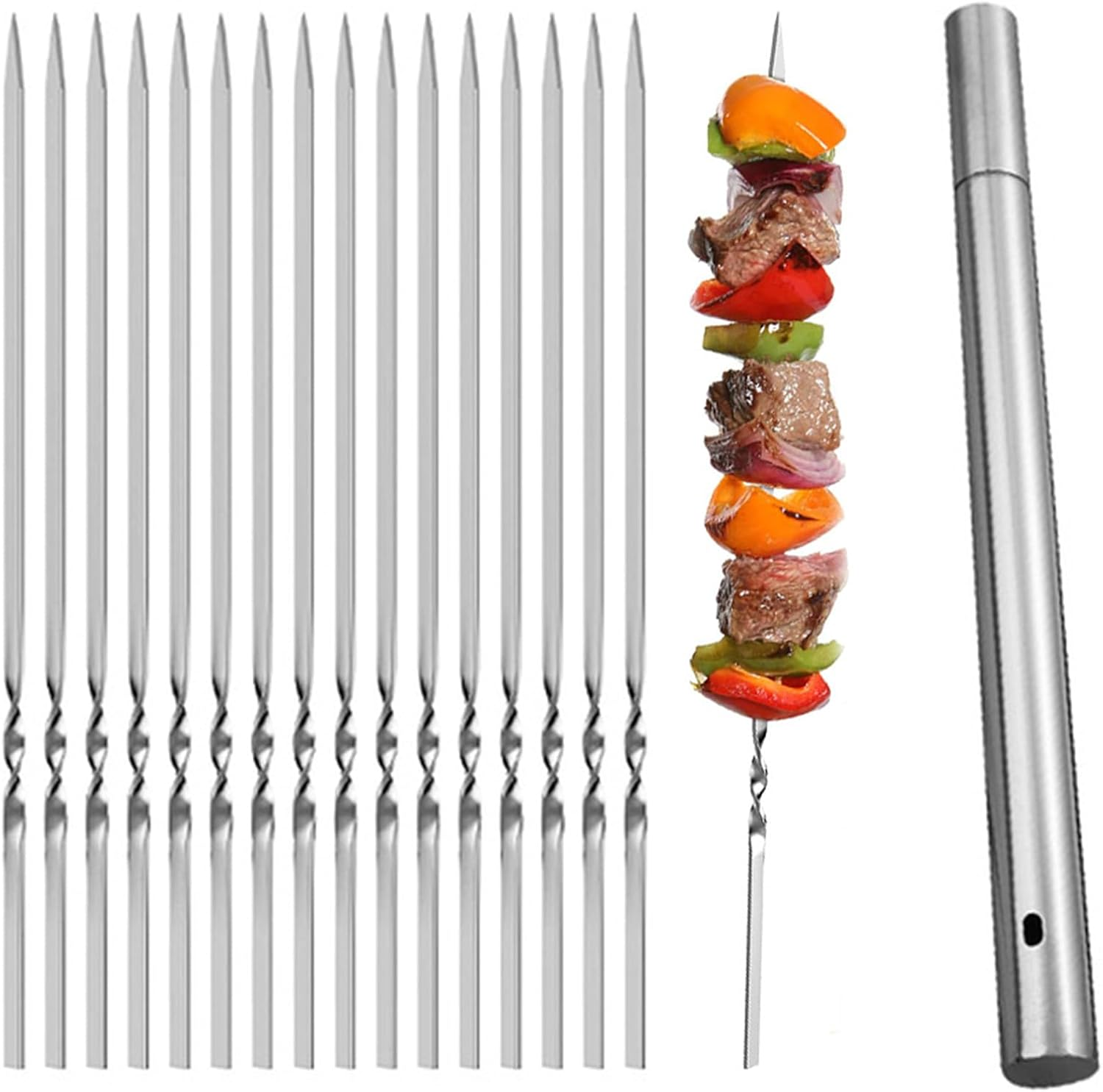 304 Stainless Steel Barbecue Skewers - Pack of 50 Reusable Wide Flat Metal Skewers with Storage Tubes - Rod Barbecue Accessories image number 5
