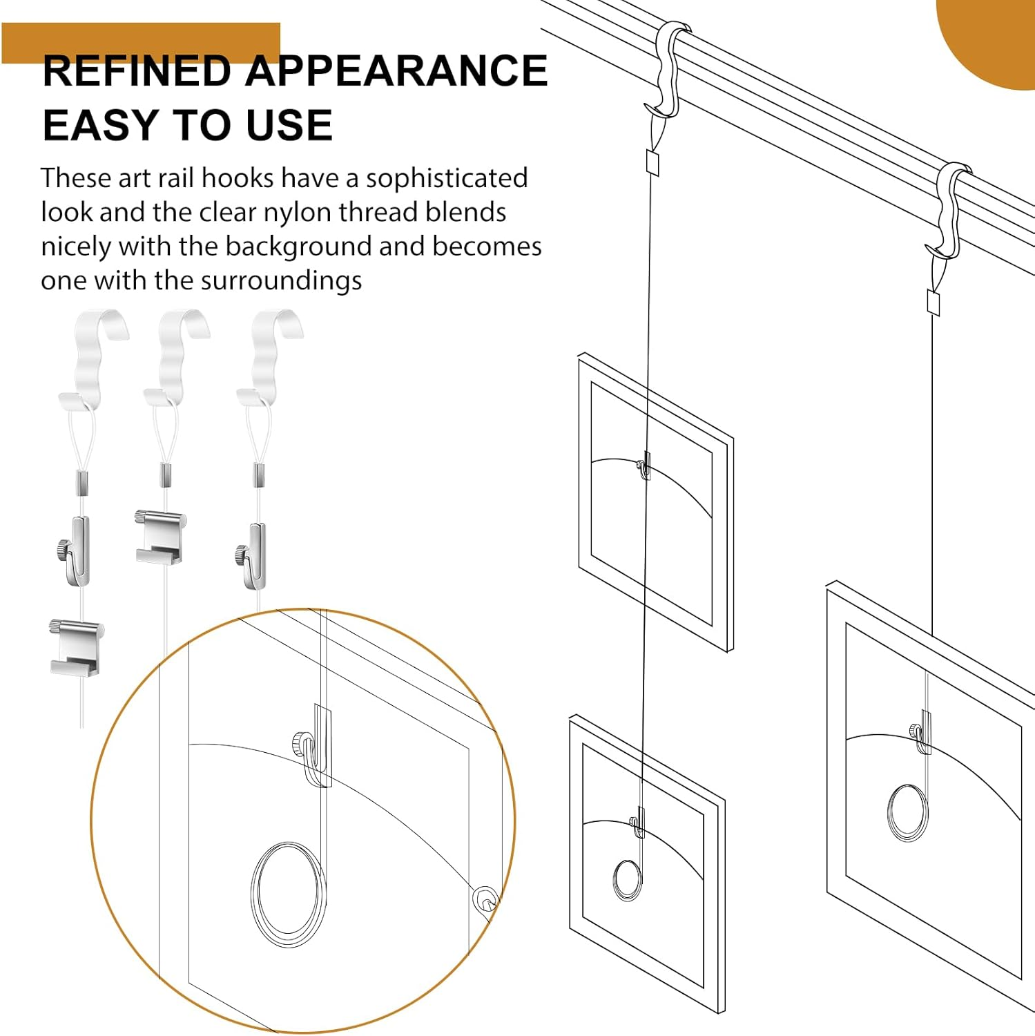 Dunzy 10 Pcs Picture Rail Hanging System Kit Picture Rail Hooks Molding Hangers with Invisible Nylon Cord and Adjustable Hooks for Exhibition, Art Gallery Supplies, White image number 4