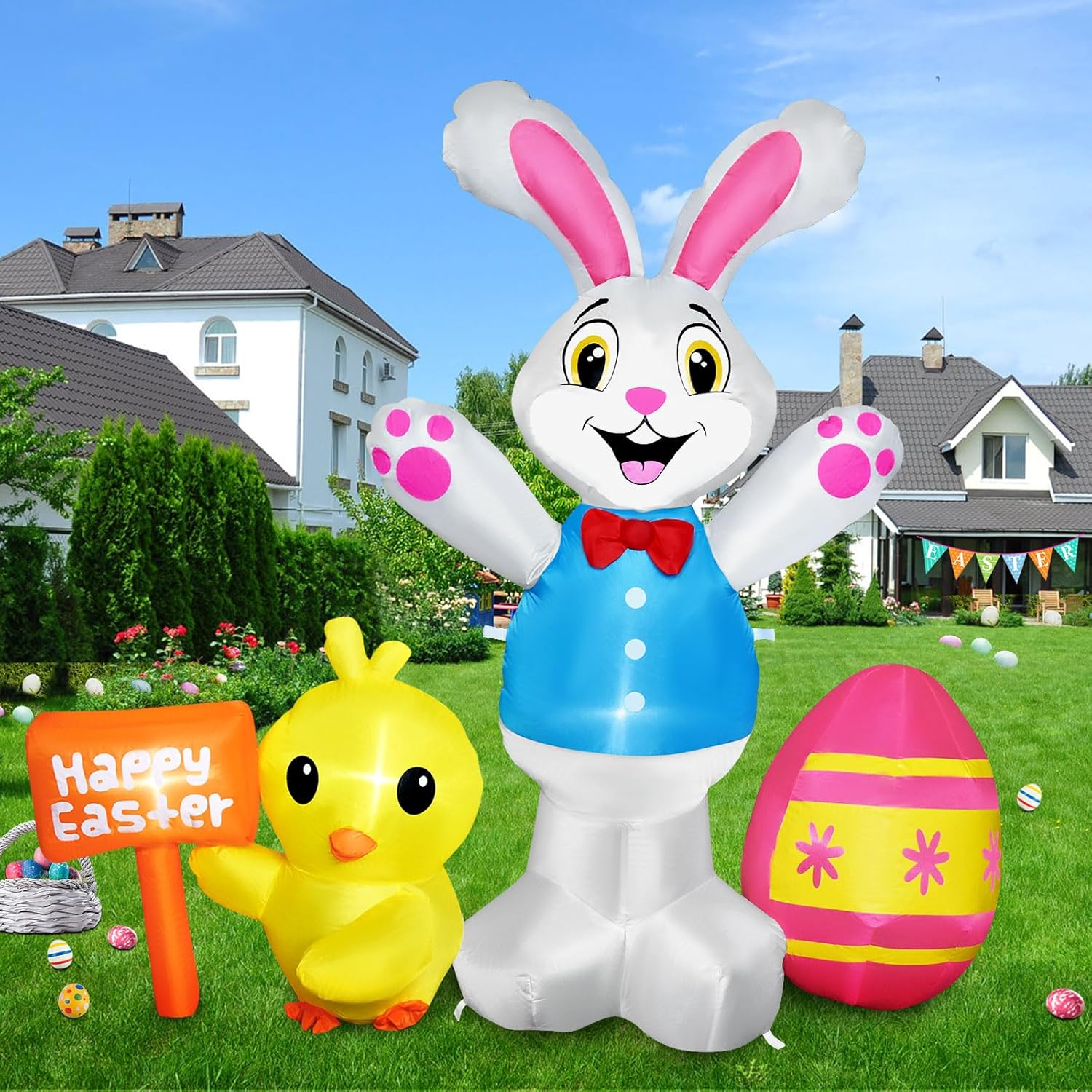 Raymall Easter Inflatables Outdoor Decorations, 5FT Tall Bunny with Chick and Egg Inflatable with LED Lights, Happy Easter Blow up Yard Decorations Outdoor, Blow up Bunny Easter Bunny Inflatables image number 1