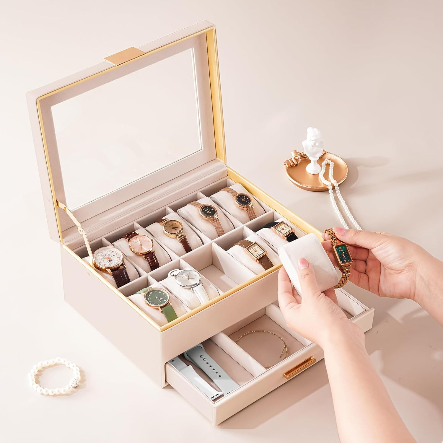 Procase Watch Case for Women, 10 Slot Watch Display Case with Drawer, 2-Layer Womens Watch Box, 10 Watch Box Organizer, Jewelry and Watch Holder Storage Case with Glass Lid -Beige image number 3