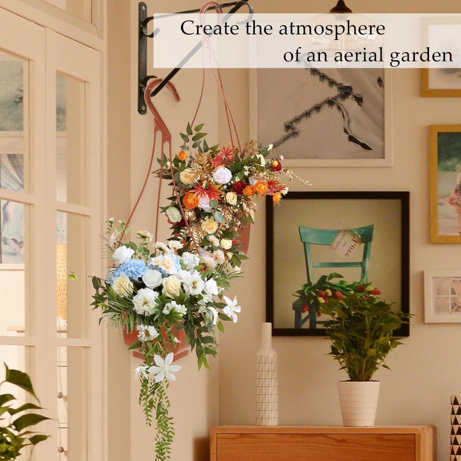 10 Sets of Octagonal Plant Hanging Flower Pots, Plastic Hanging Planters with Drainage Holes and Hooks, for Garden Balcony Decoration (Brown) image number 6