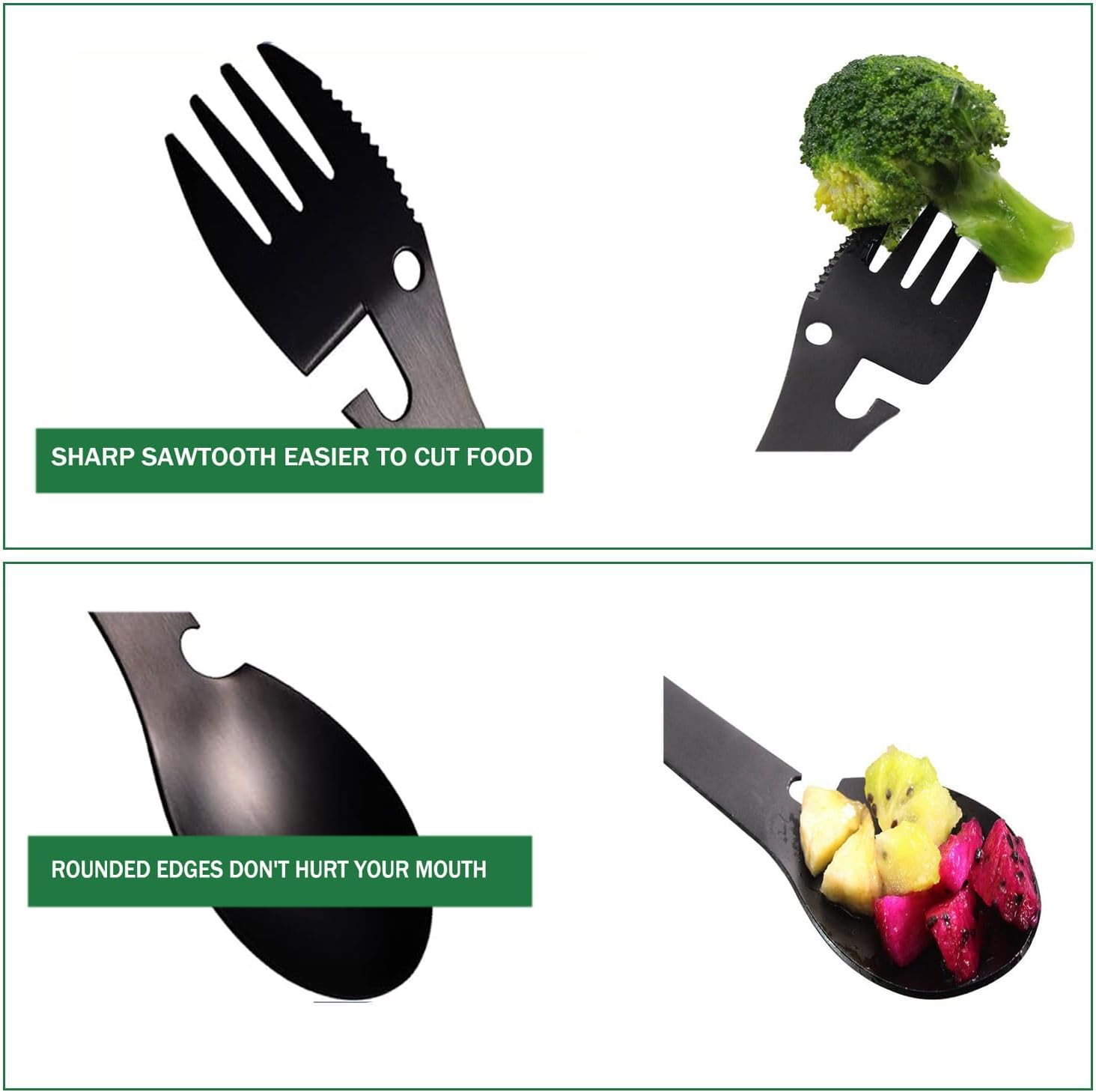 5-In-1 Multi-Functional Camping Utensils, 2 Pack, Stainless Steel Spork, Fork & Knife, Can & Bottle Opener, with Carabiner and Bag, Black image number 1