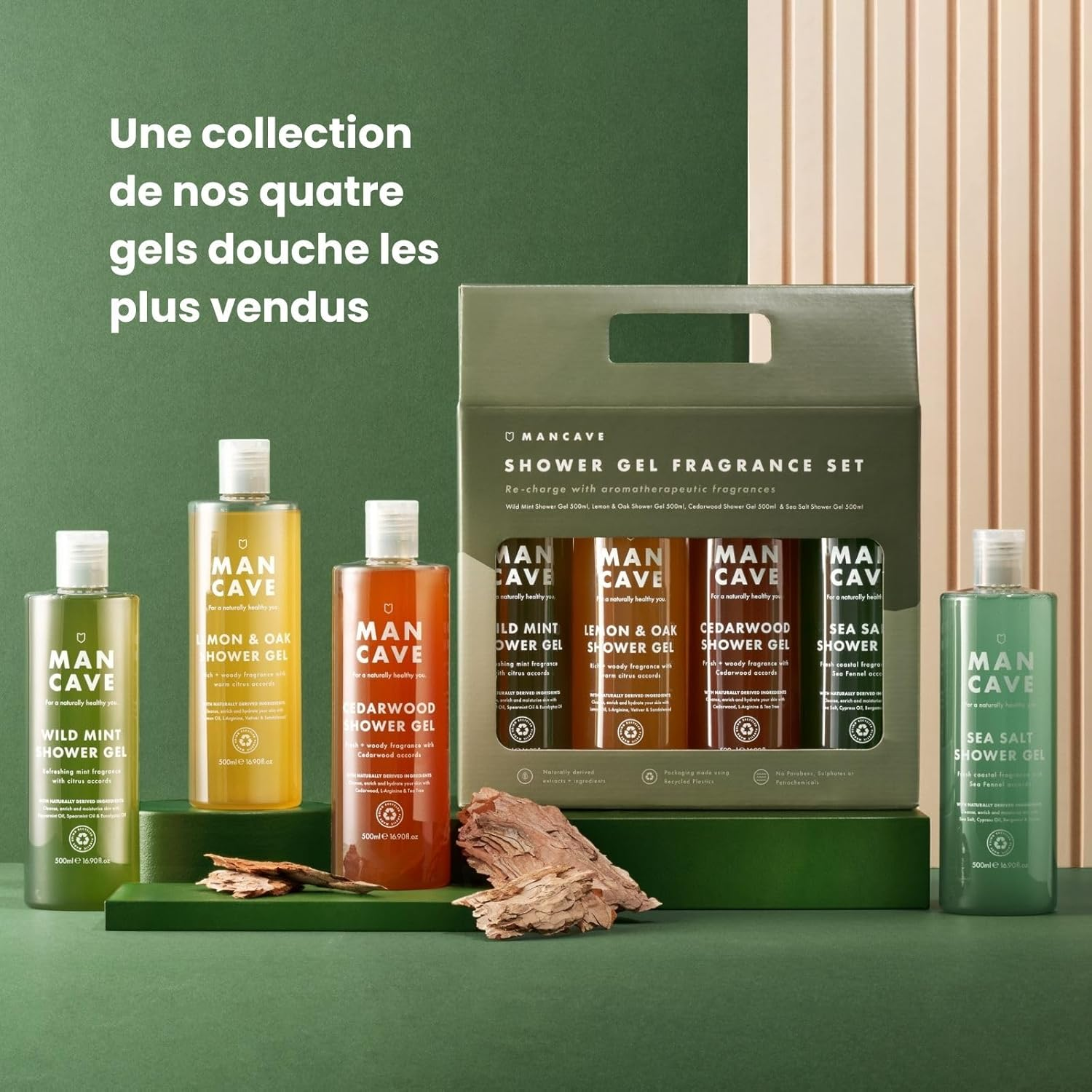 Mancave Men'S Shower Gel Gift Set, 4 X 500 Ml Natural Sulphate Free Shower Gel - Wild Mint, Lemon & Oak, Cedarwood and Sea Salt, Vegan, Cruelty Free - Made in the UK image number 3