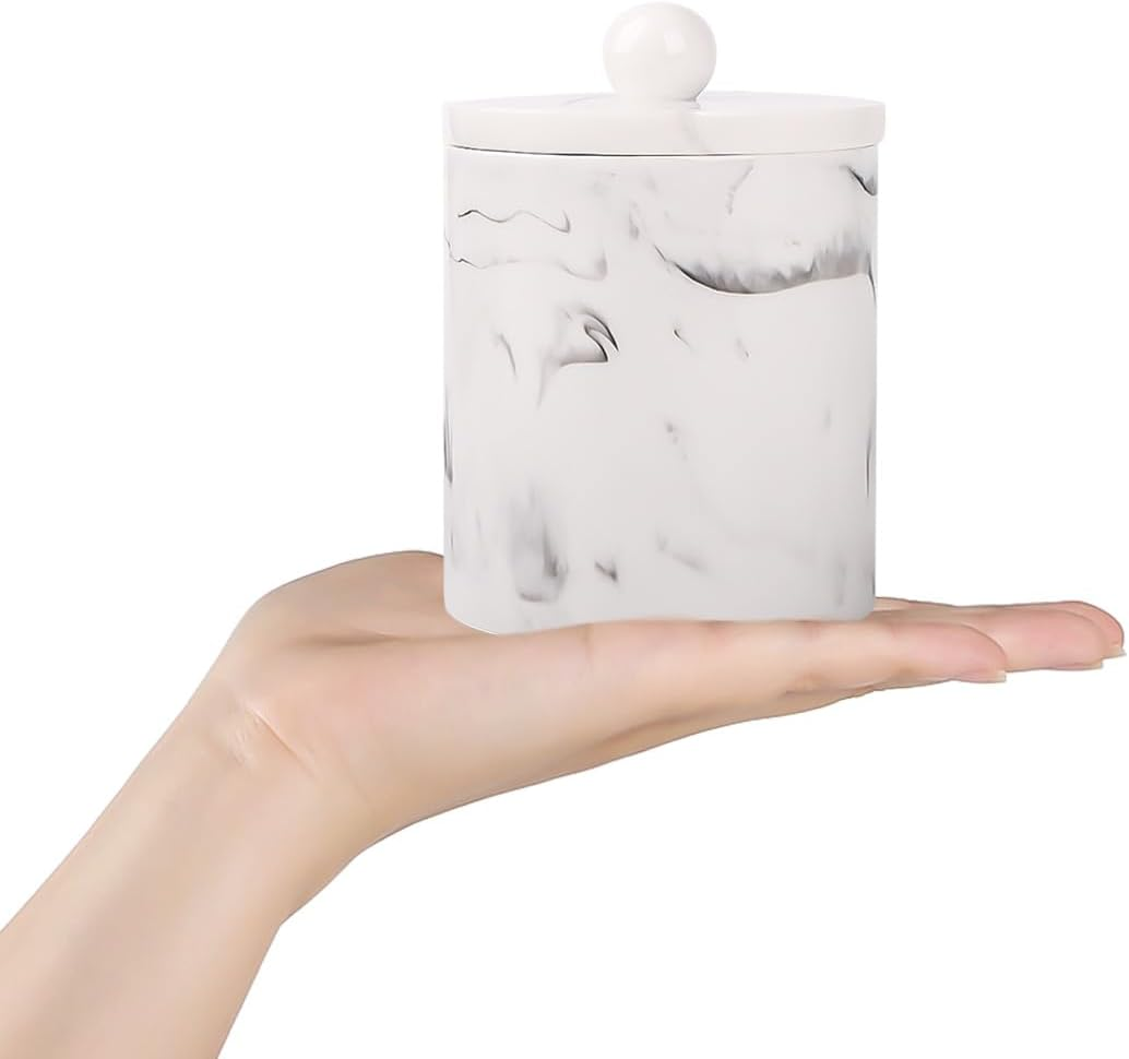 Tonxus Bathroom Vanity Countertop Divided Jars with Lid,Cotton Swab Holder,Resin Cotton Ball Container Makeup Sponges Cosmetics Canister,Bath Salts Storage Box (Marble White of 2) image number 5