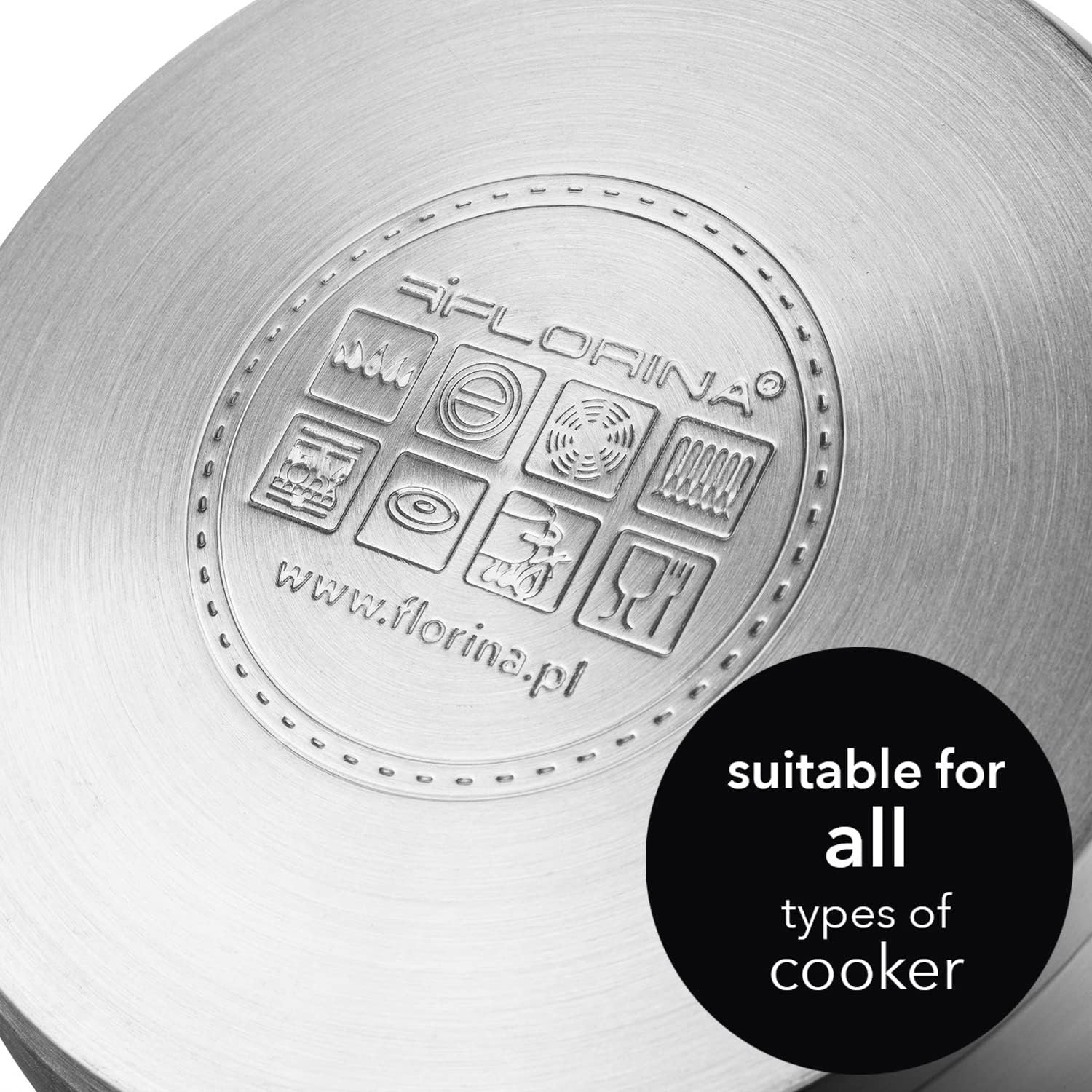 FLORINA Oliver 8-Piece Stainless Steel Pot Set, 1.3L, 1.8L, 2.5L, 3.4L, Induction, Gas, Electric Compatible, Dishwasher Safe, Nickel-Free, Glass Lid, Measurement Mark