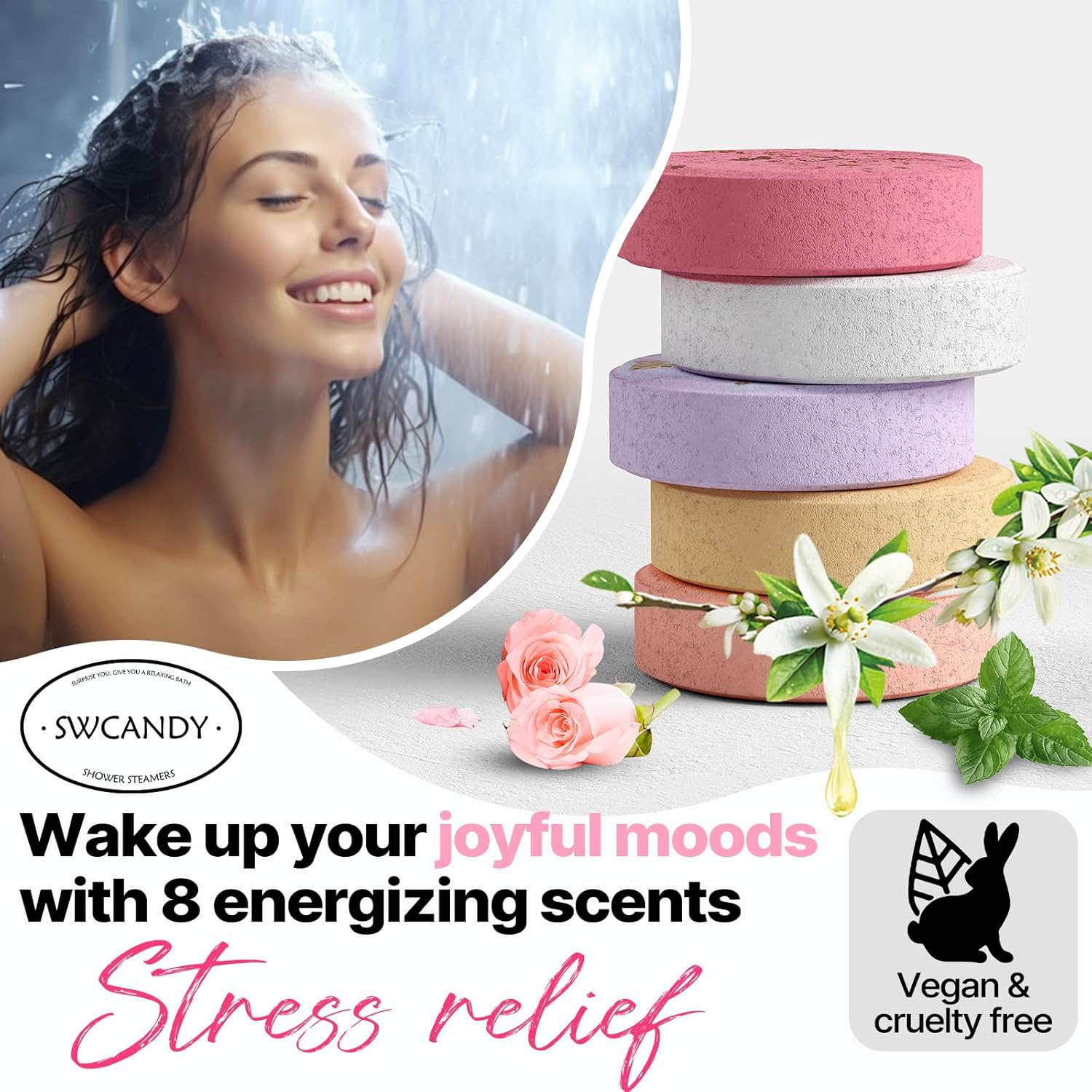 Shower Steamers Aromatherapy SWCANDY 8 Pack Gifts for Women Stocking Stuffers for Adults, Her, Mom, Men Natural Essential Oils Home Spa Self Care Stress Relief Relaxation Bath Bombs Christmas Flower image number 5