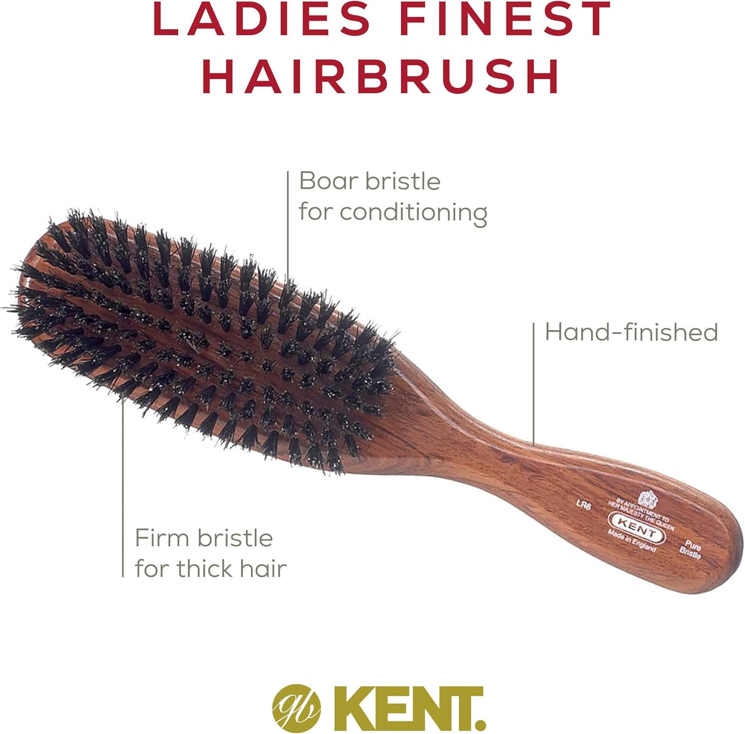 Kent LR6 Finest Dark Wood Styling Hair Brushes for Women - Natural Black Boar Bristle Hairbrush for Medium to Thick Hair of All Lengths - Dry Brush for Styling, Straightening, and Stimulating Oils