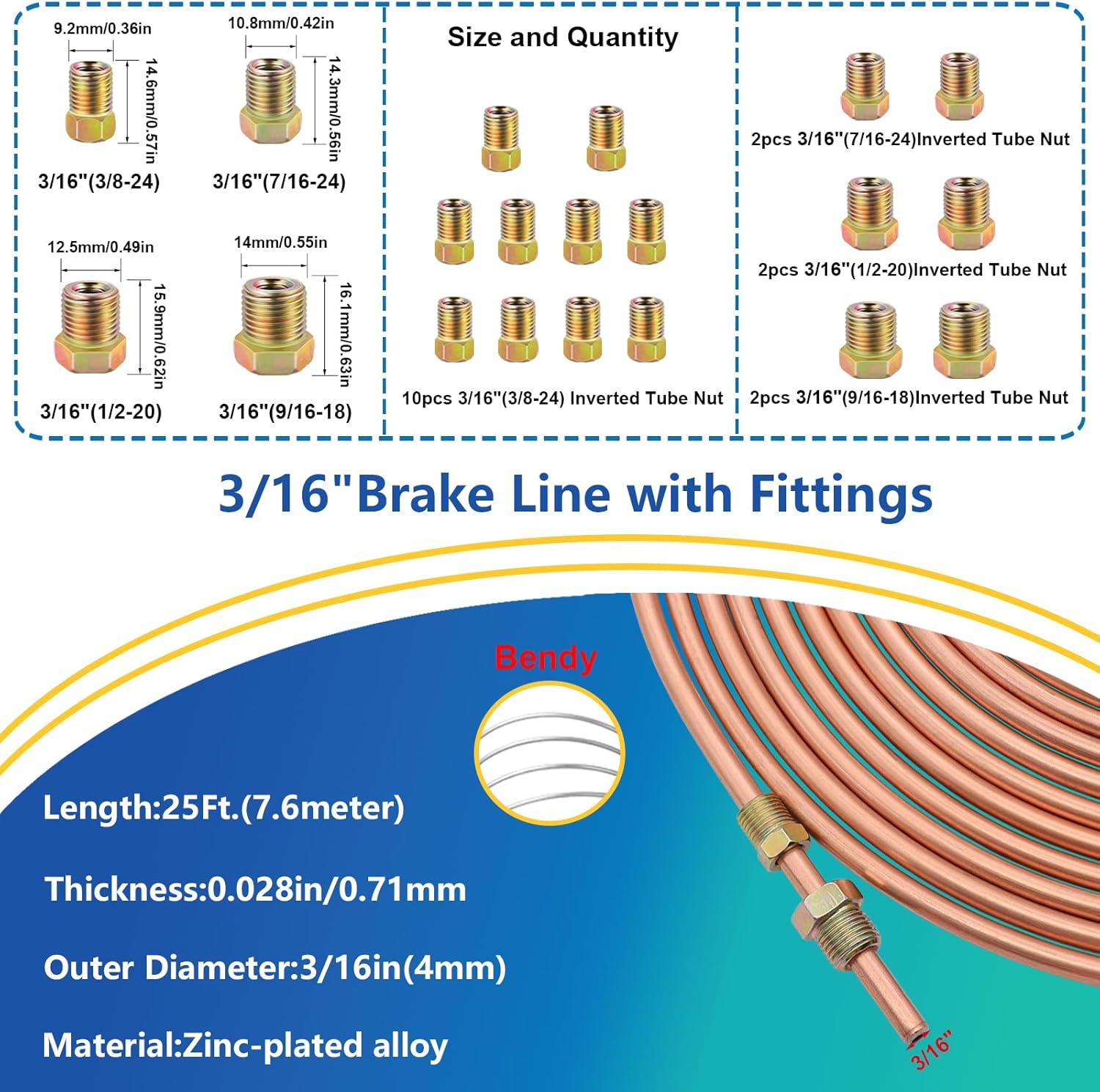 Smseace 26Pack 3/16 Inch Brake Line Kit Include 25 FT Copper-Plated Brake Lines with Fitting(16Pcs Fittings,2Pcs Union+4Pcs Nut) Brake Line Bender,Single Flare Tool,Cutter 3/16 Inch Brake Line Kit