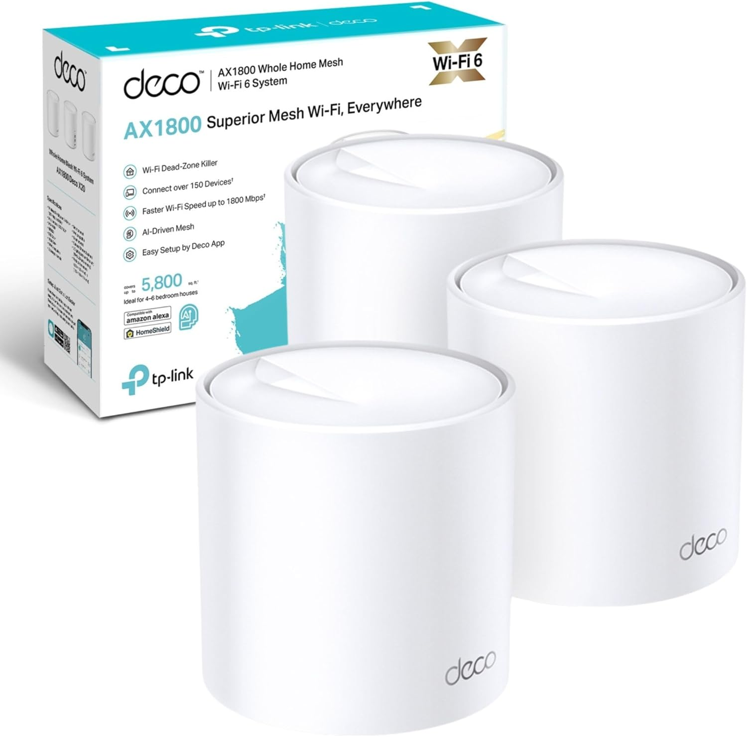 Tp-Link Deco X20 AX1800 Whole Home Mesh Wi-Fi 6 System, Ai-Driven Mesh, up to 5,800 Sq Ft Coverage, 1 Ghz Quad-Core CPU, Compatible with Amazon Alexa, with Tp-Link Homeshield'S Kit, Pack of 3 (UK Version)