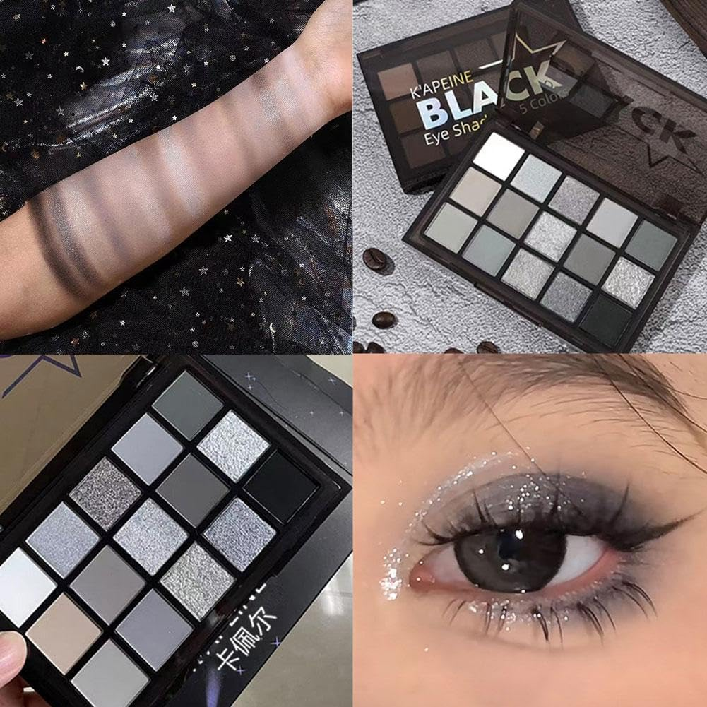 Black Smokey Eye Shadow Palette, 15 Colors Cool Toned, Gray Silver White Matte Glitter Eyeshadow Palette, Pressed Shimmer Pigmented Eyeshadow image number 3