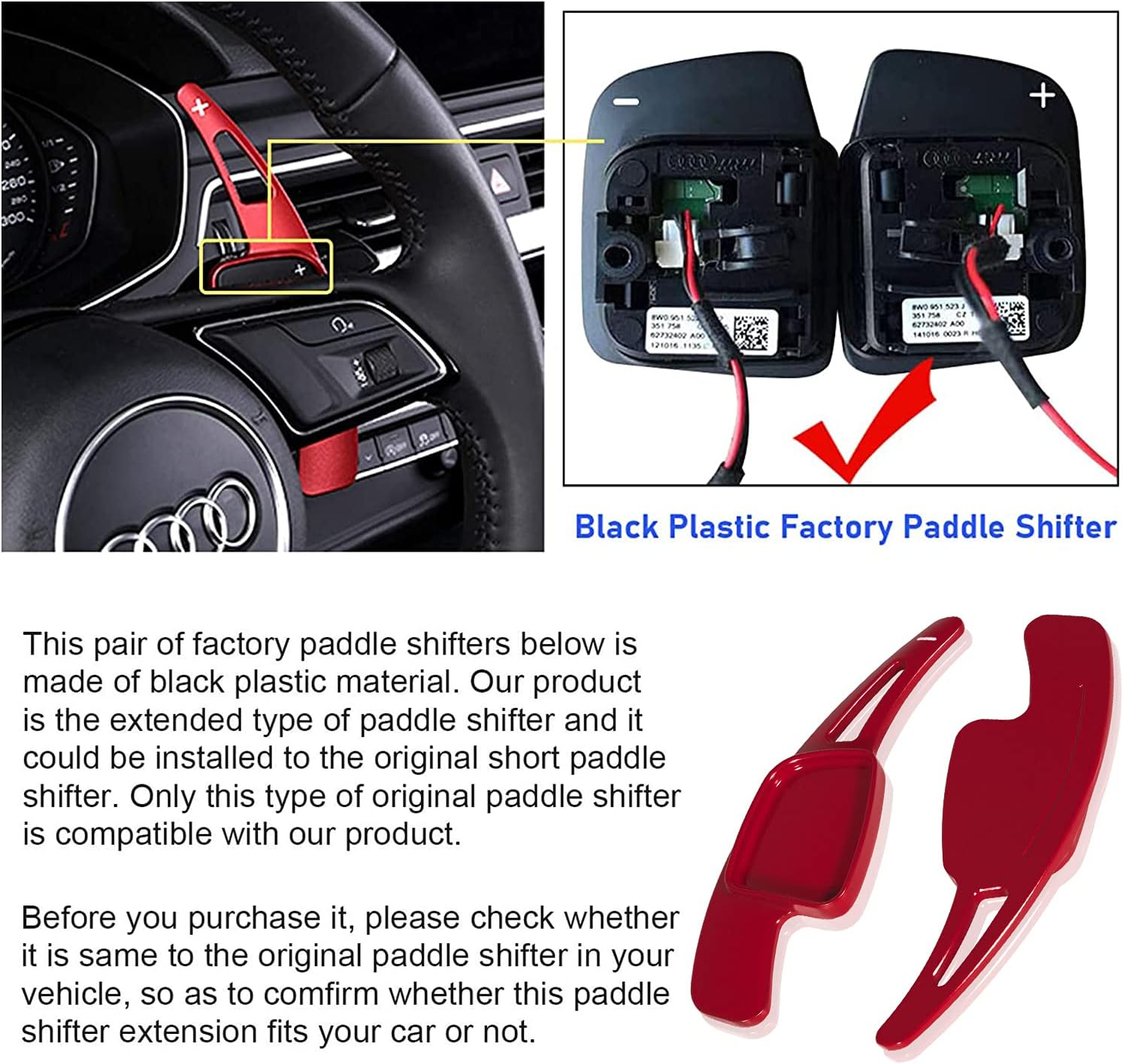 Steering Wheel Paddle Shifter Extensions Fit for Audi A4 2017-2019 A3 S3 2017-2020 A5 S4 S5 2018-2019 Q5 SQ5 2018-2021 Q7 2017-2021 Q8 2019-2021 SQ7 SQ8 2020-2021 TT 2016-2021 TTS 2016-2020 (Red) image number 2
