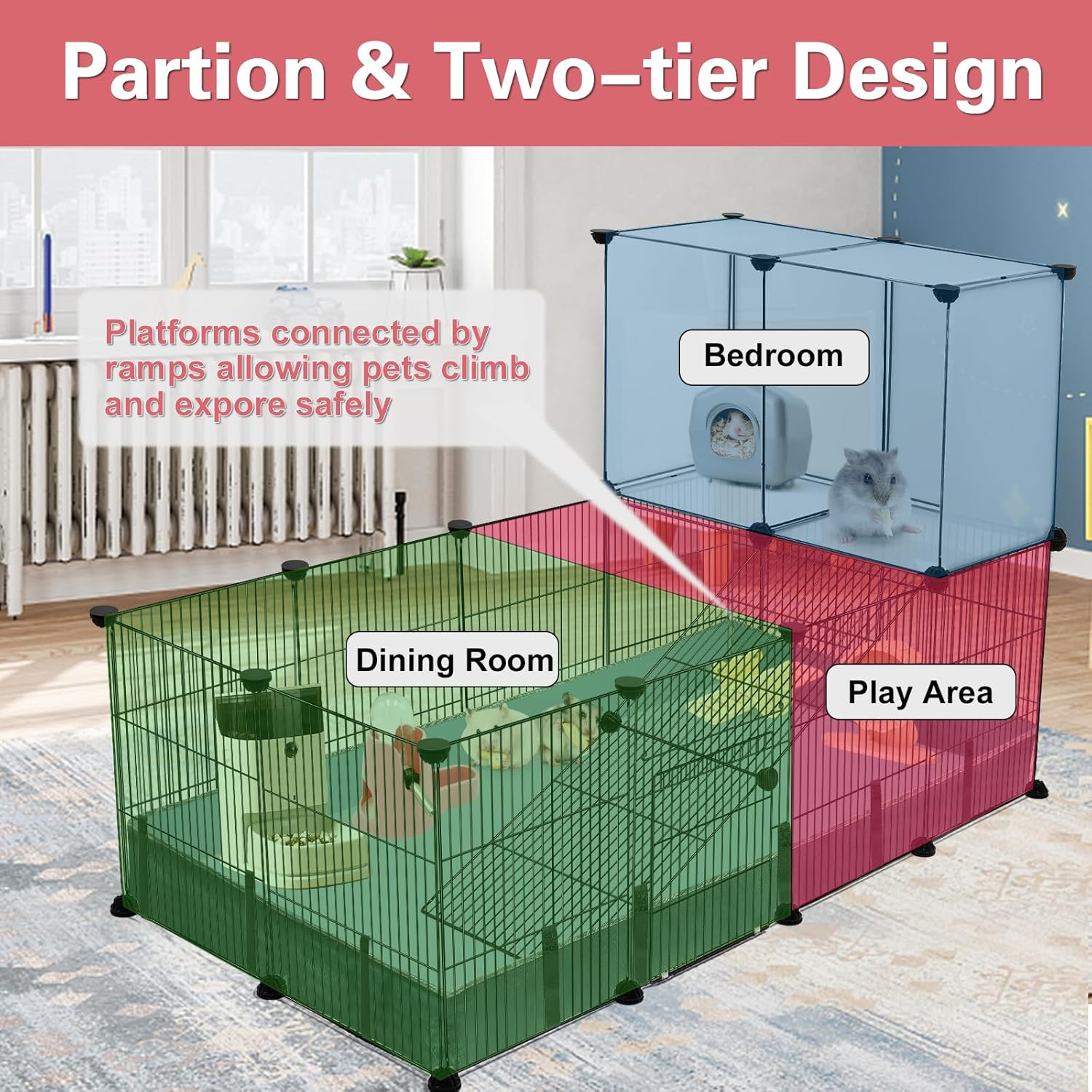 VISCOO 24 Panels Small Animal Pet Playpen,72" X 24" X 16" Small Animal Cage,Expandable C&C Cage for Guinea Pigs, Metal Grids Hedgehog Cage Guinea Pig Cages,Rabbit Cage Indoor with PVC Waterproof Mat image number 6