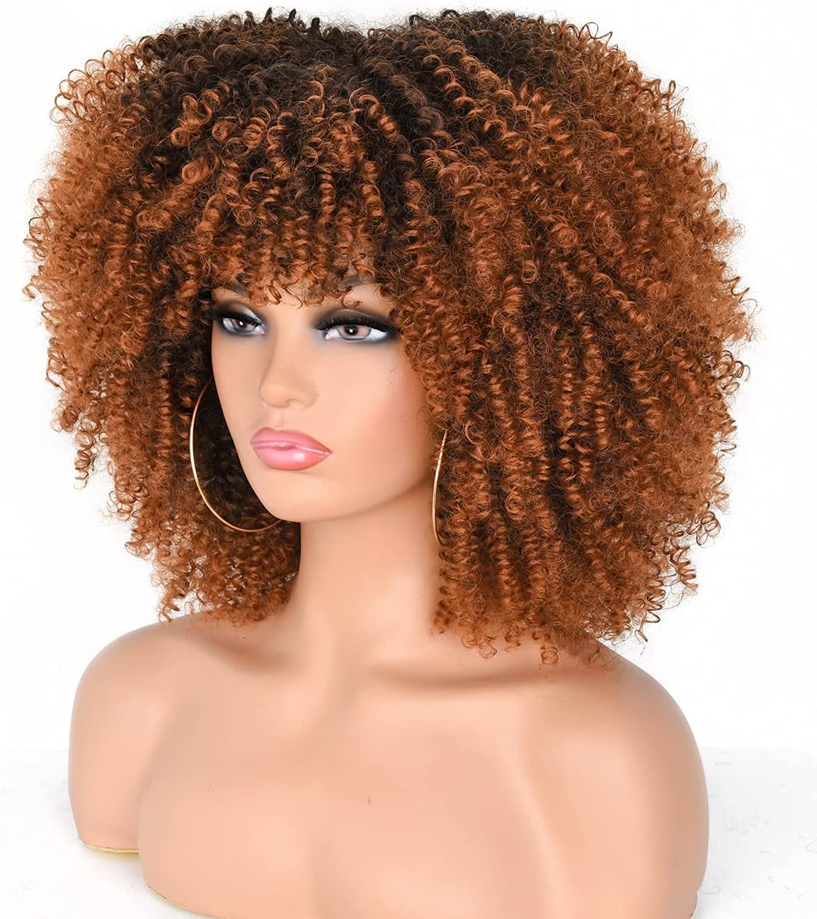 36Cm Afro Kinky Curly Wig with Bangs for Black Women Ombre Brown1B/30 No Glue Full and Fluffy like a Bomb Short Curly Hair Wigs - Ombre Brown image number 3