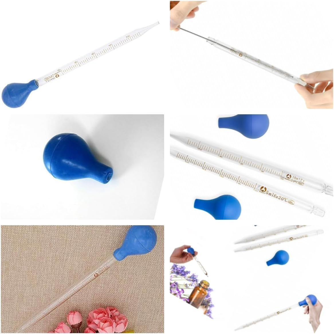 Beiqilian 6 Pieces Glass Pipettes Graduated Dropper, 5Ml/10Ml Glass Pipettes Graduated Dropper,Long Glass Pipette Dropper with 6 Rubber Caps and 1 Pcs Droppers Brush,Used to Transfer Liquids image number 3