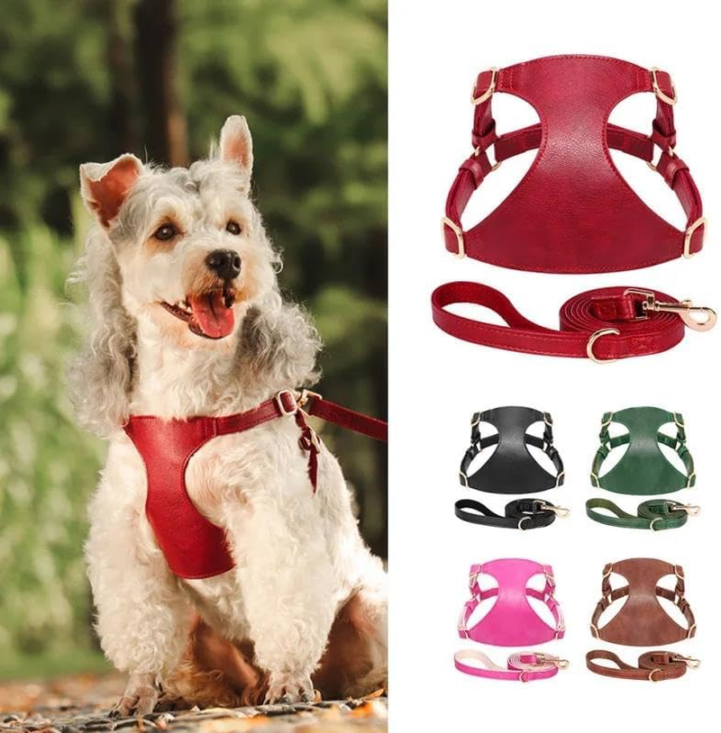 Durable Adjustable PU Leather Dog Harness Leash Set Solid Color Dog Harness and Leash Set Chihuahua Pug French Bulldog Harness and Leash Set,A,S image number 4