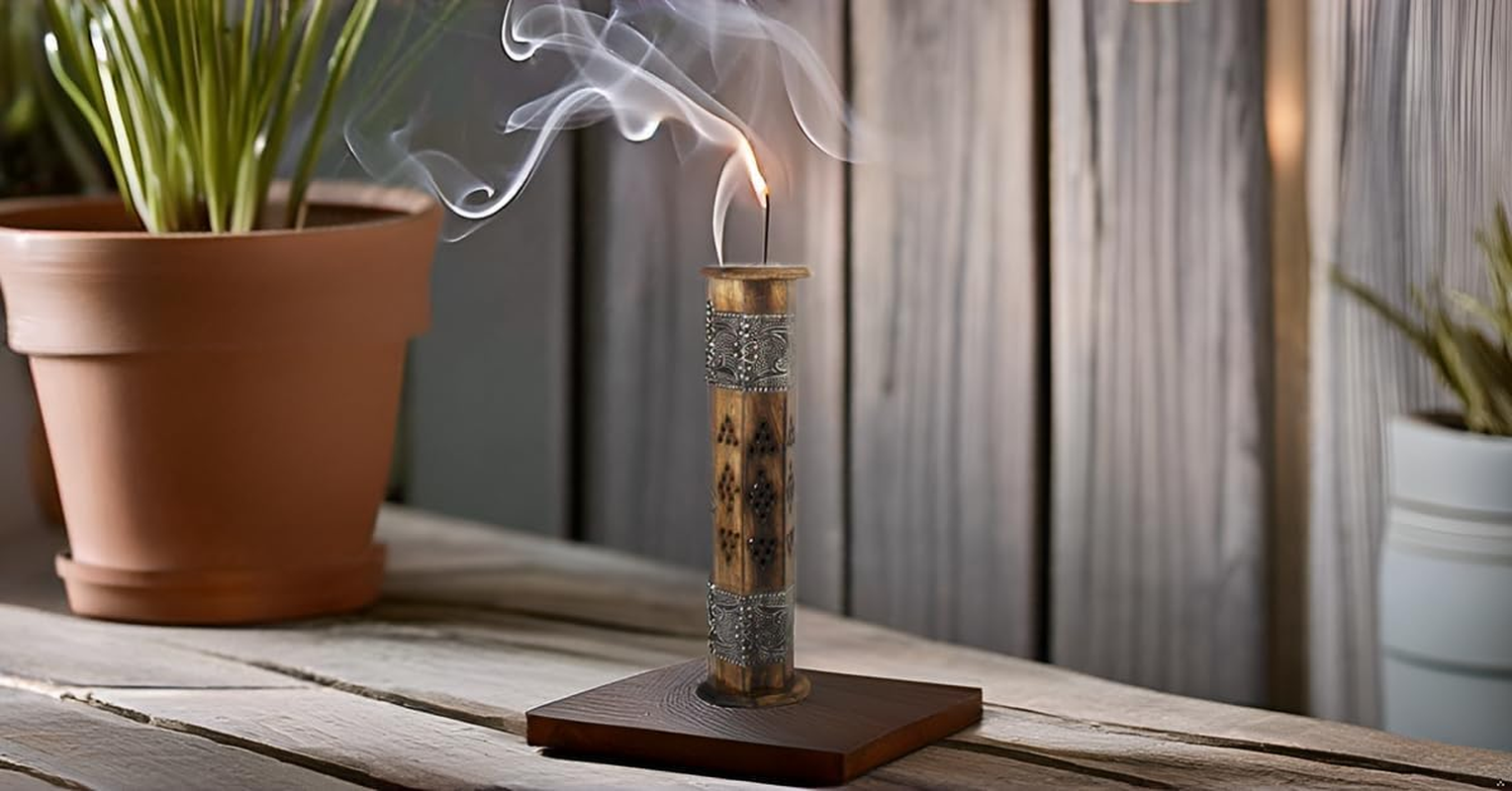 Wooden Incense Stick & Cone Burner Holder Tower Large Organic Eco Friendly Ash Catcher Agarbatti Holder Rustic Style Hand Carved for Meditation Yoga Aromatherapy Home Fragrance Products 12 Inches