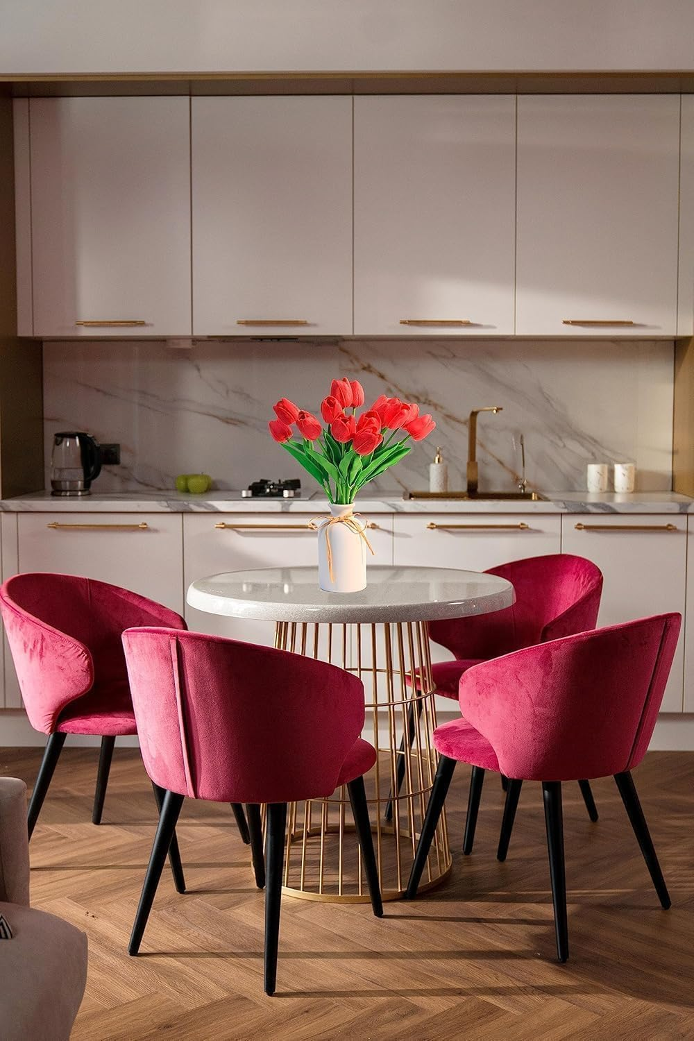 10Pcs Red Fake Tulips Artificial Flowers Real Touch Red Silk Flower for Home Kitchen Decor Spring Easter Wedding Bouquet Decorations Office Floral Arrangements (One Size) image number 5