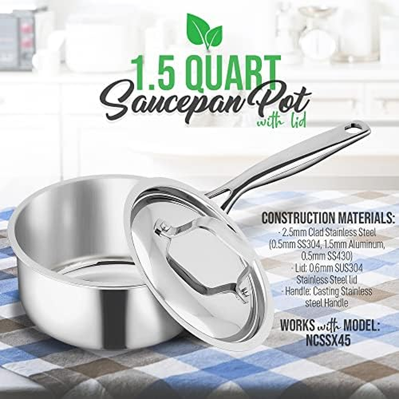 1.5-Quart Saucepan with Lid - PFOA/PFOS Free Stainless Steel Stain-Resistant Sauce Pot Kitchen Cookware W/Satin Interior, Polished Exterior, Hollowed Cast Handles - Works W/Model NCSSX45 image number 6