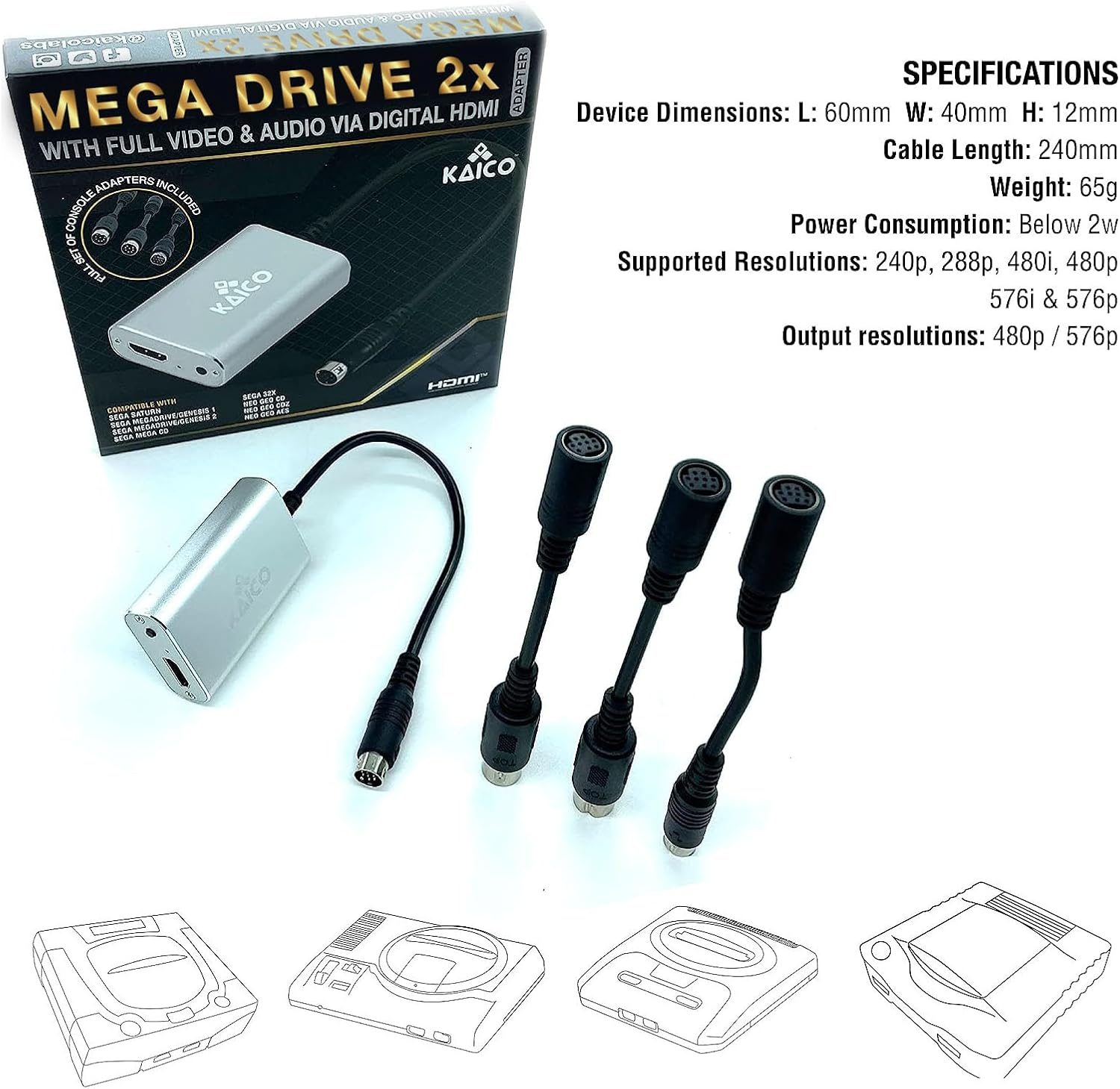 Kaico SEGA Saturn 2X Line Doubler HDMI Adapter - for Use with Sega Saturn, Megadrive, Genesis, SNK Neo Geo - Supports RGB and Composite Output - All in One Line Doubler X2 HDMI for SEGA