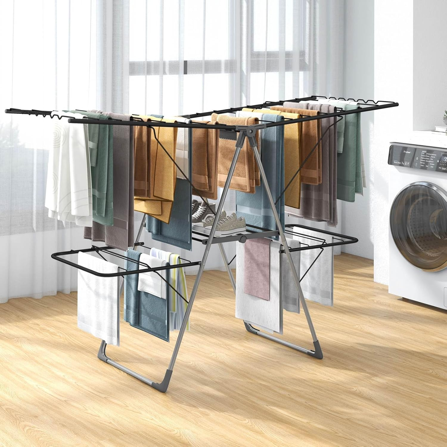 Giantex 2-Tier Clothes Drying Rack, Foldable Clothing Laundry Rack with 33 Drying Rails, Height Adjustable Gullwings, Sock Clips, Wave-Shaped Bars & Stainless Steel Legs, Indoor Outdoor Use image number 3