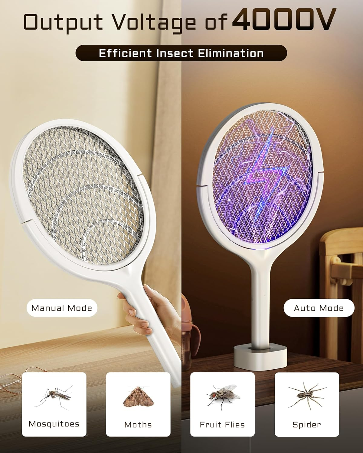 YESDEX Electric Mosquito Zapper - 180&deg; Rotating Head Rechargeable Mosquito Swatter, 4000V Bug Zapper Electric Mosquito Trap, Mosquito Repellent with a Telescopic Extension for Indoor & Outdoor image number 6